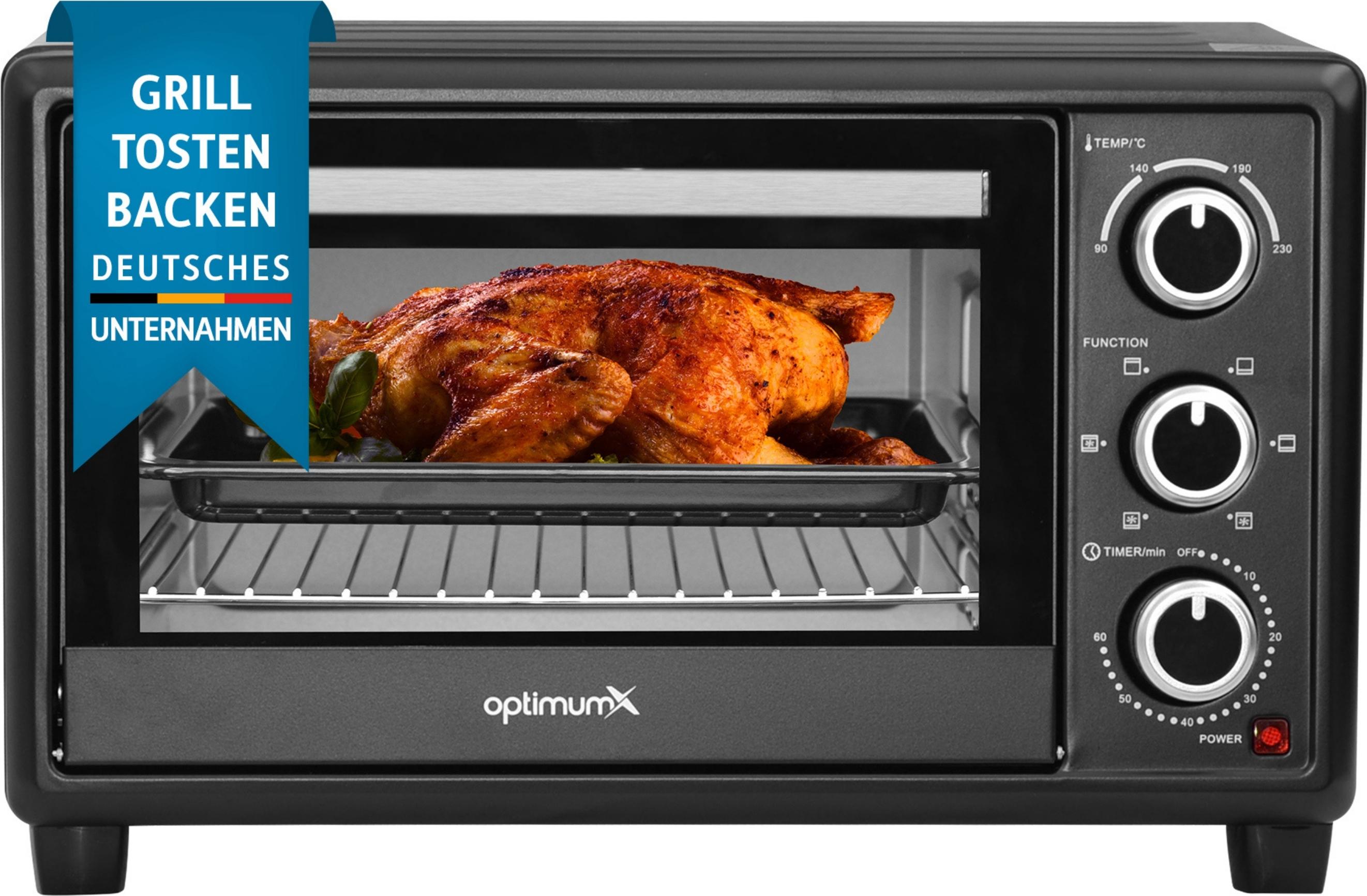 OptimumX 20 L Minibackofen, Klein mini Backofen mit Umluft, 60 Min Timer, Pizza-Ofen, 1380 W, Schwarz