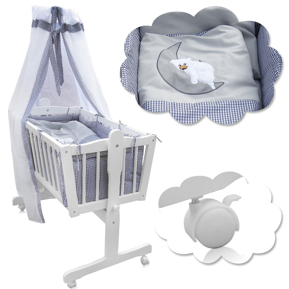 8 tlg Blau mit Bärchen Baby Ausstattung Set für Schaukelwiege Wiege Babywiege Wiege-Garnitur Bettset Beistellbett 