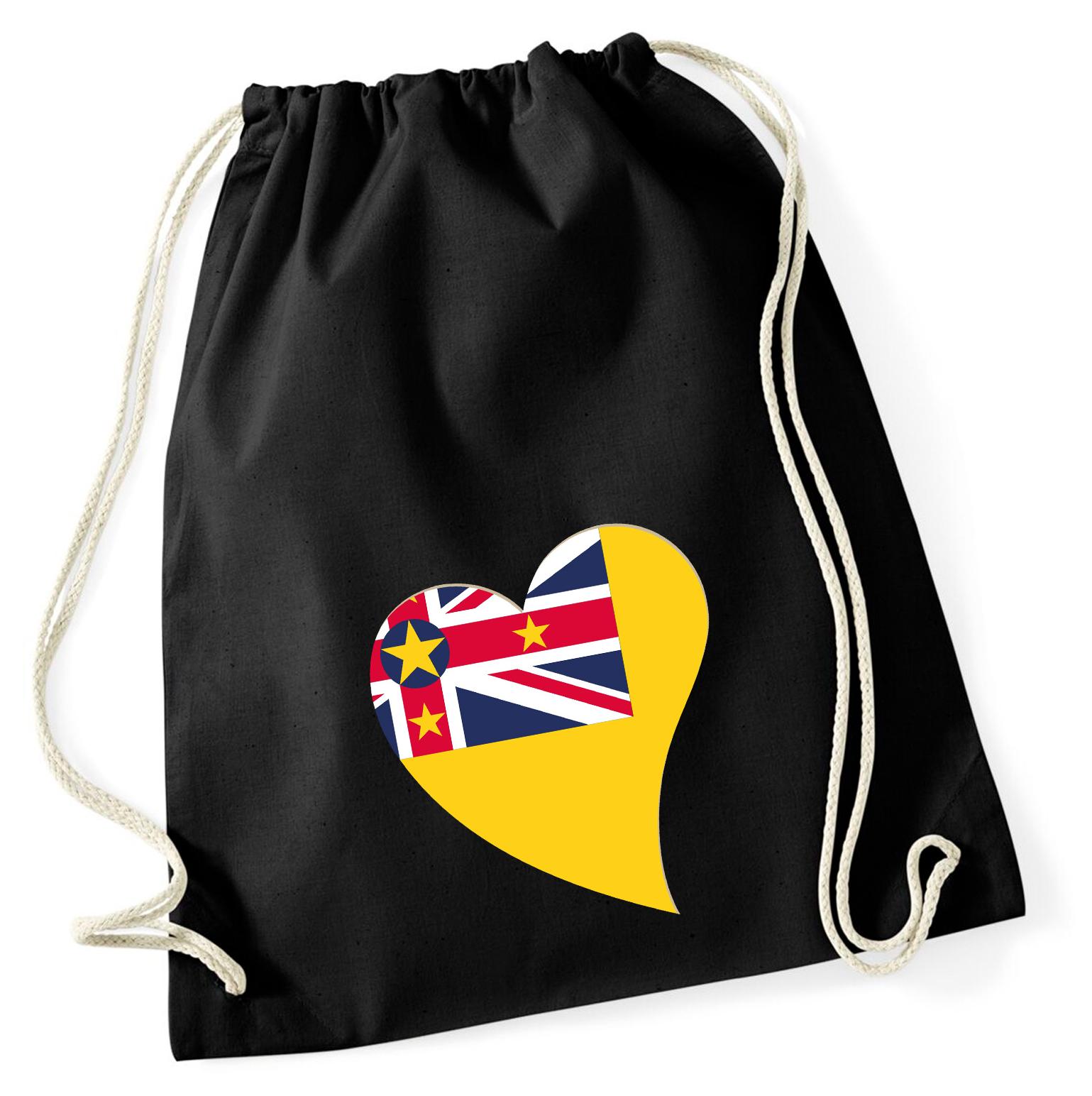 Hellweg Druckerei Huuraa Turnbeutel Niue Flagge Herz 12 Liter Black Baumwolle Rucksack Geschenkidee 6911TB-BLA