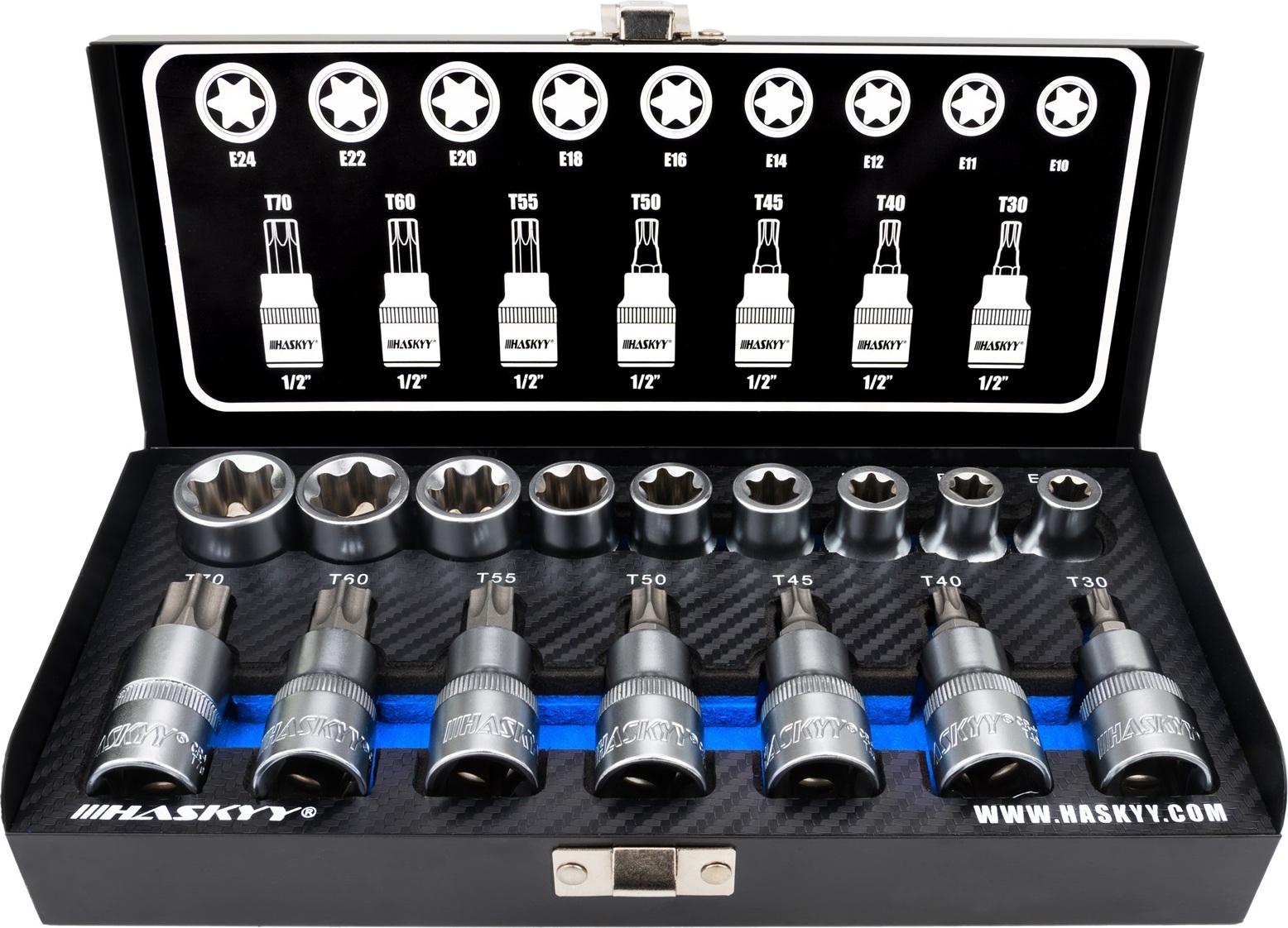 HASKYY T30-T70 I E10-E24 Innen-Aussen-Torx-Steck-Nuss-Schlüssel-Set-Satz 1/2 Torx-Nüsse