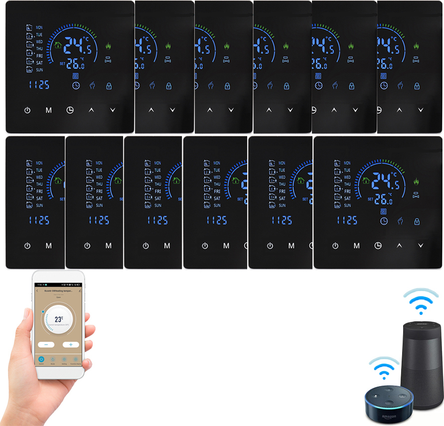 12X WiFi Smart Thermostat 3A izbový termostat Vodné ohrievače Podlahové kúrenie, dotykový displej, ovládanie cez APP, kompatibilný s Google Home/Alexa