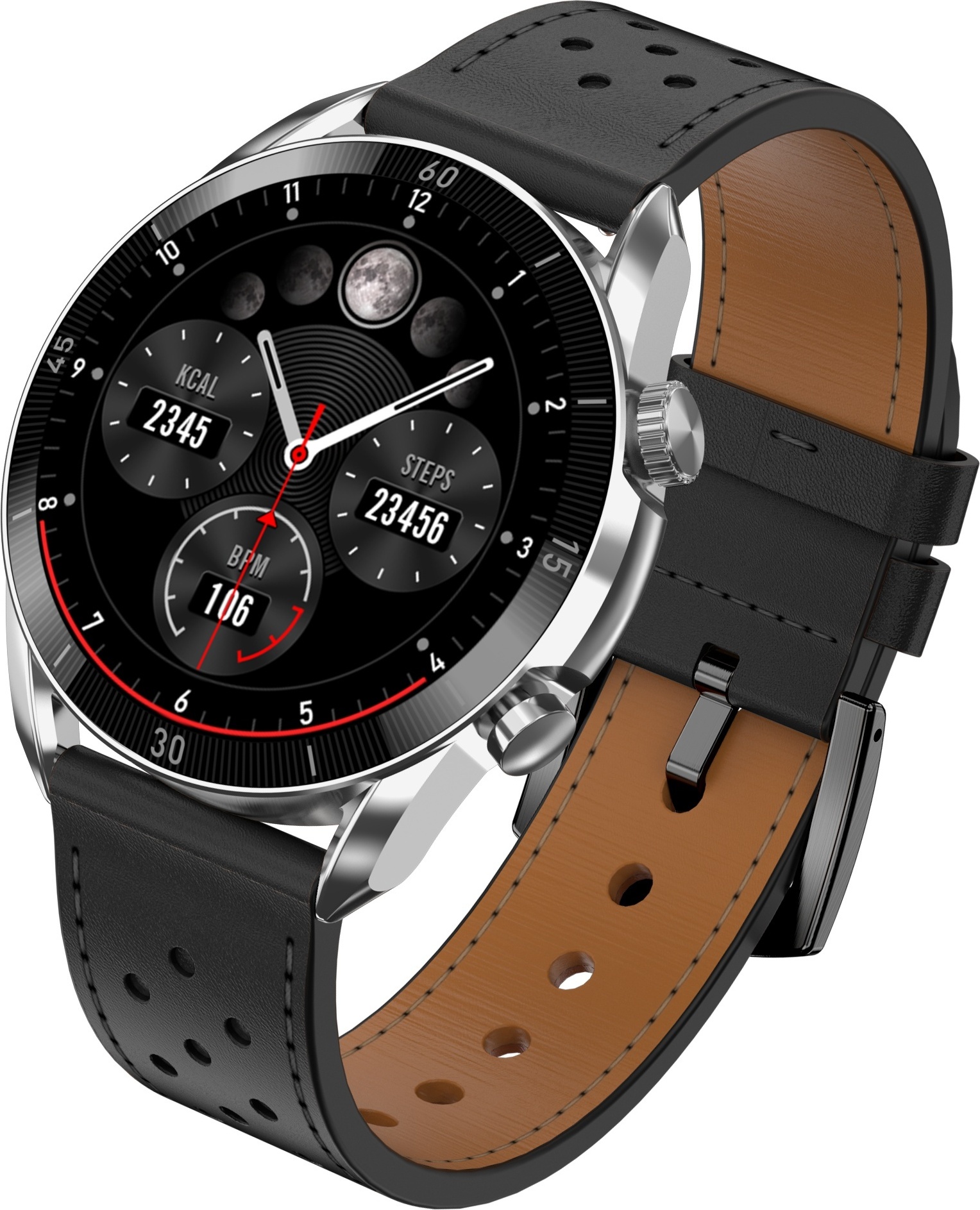 Garett Electronics Herren-Smartwatch Garett V10 Silber-schwarzes Leder Garett-5904238485590