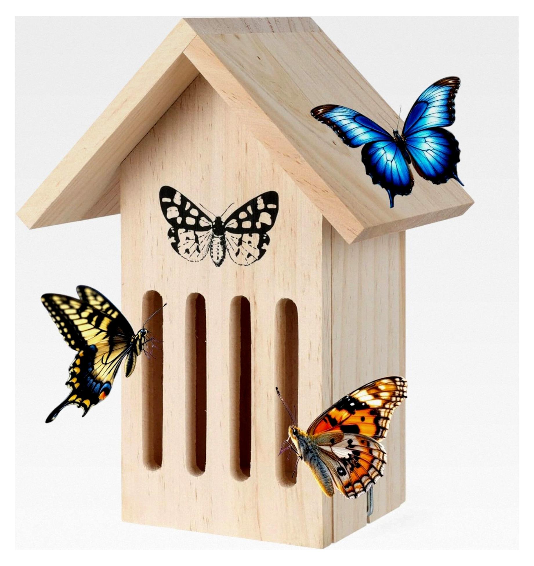 Markenlos Schmetterlingshaus aus Holz – Wetterfestes Insektenhotel für Schmetterlinge – Schutz vor Fressfeinden und Unwetter – Ideal für Garten und Balkon – Mit seitlicher Klappe zur Reinigung