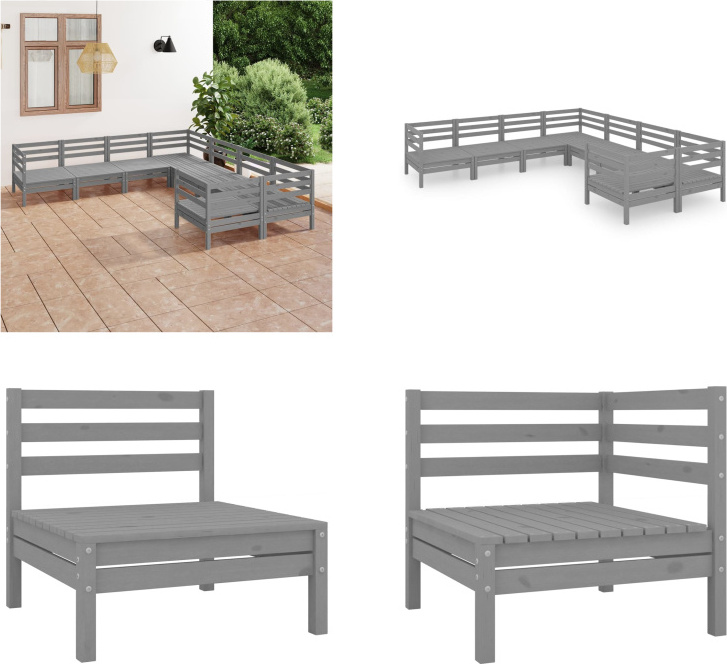 vidaXL 8-dielna záhradná obývacia súprava z masívneho dreva borovica sivá - záhradná obývacia súprava - vonkajšia obývacia súprava - drevená pohovka - drevená záhradná pohovka
