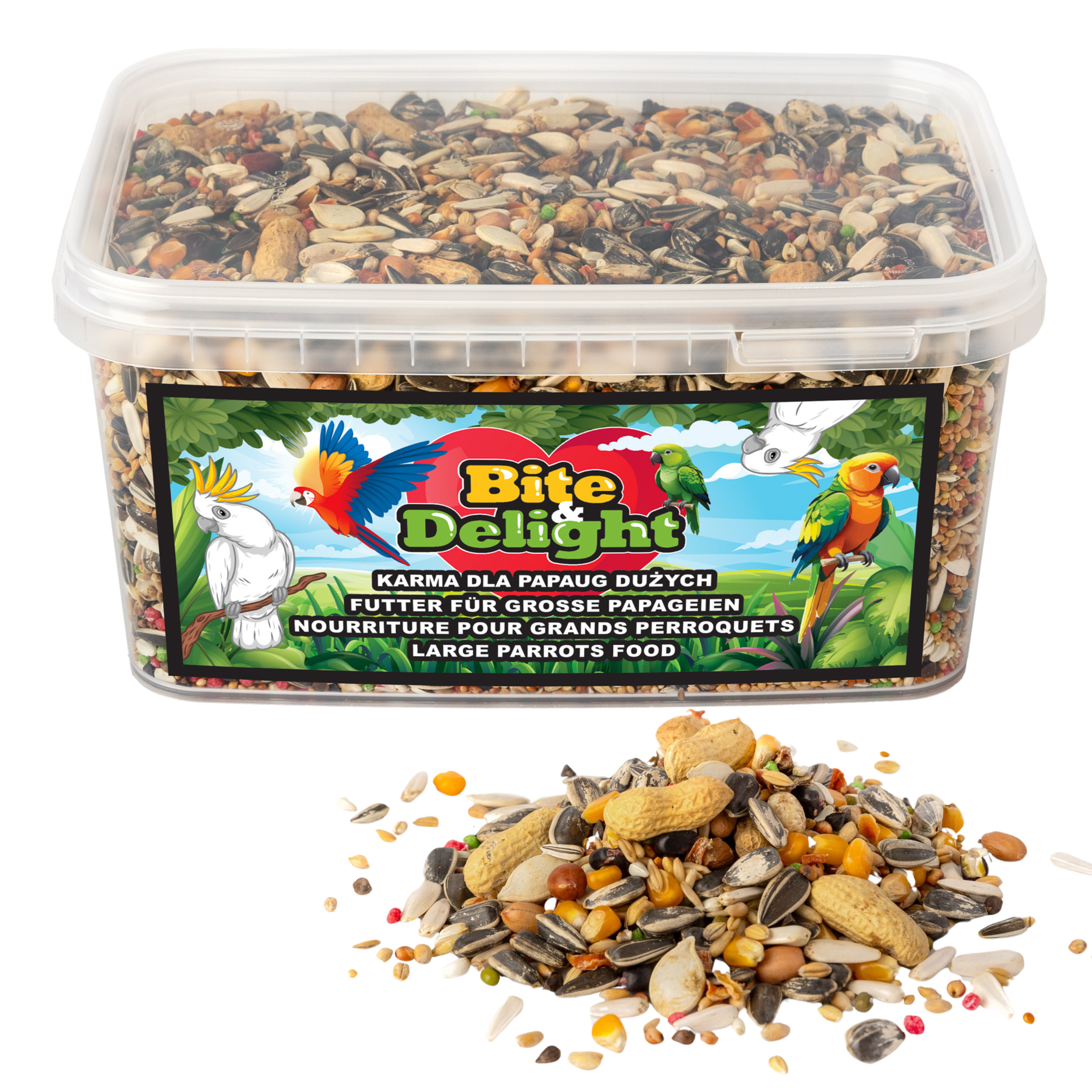 Bite Delight Premium-Futter für große Papageien 1L/700g – Ideal für Ara, Amazonen, Graupapageien & Kakadus, natürliche & nährstoffreiche Mischung
