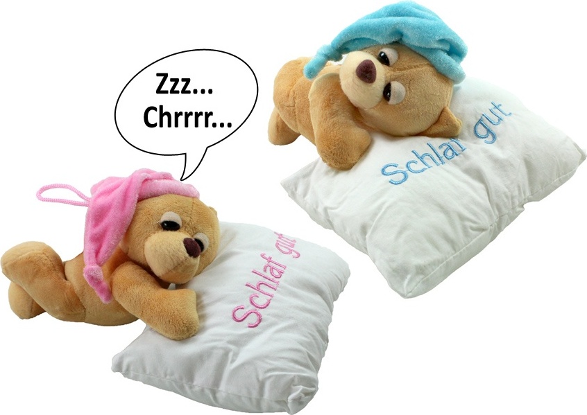 Rasehorn Schlaf gut Bär auf weissem Kissen - schnarcht! Blaue oder rosa Mütze, Schnarchbär