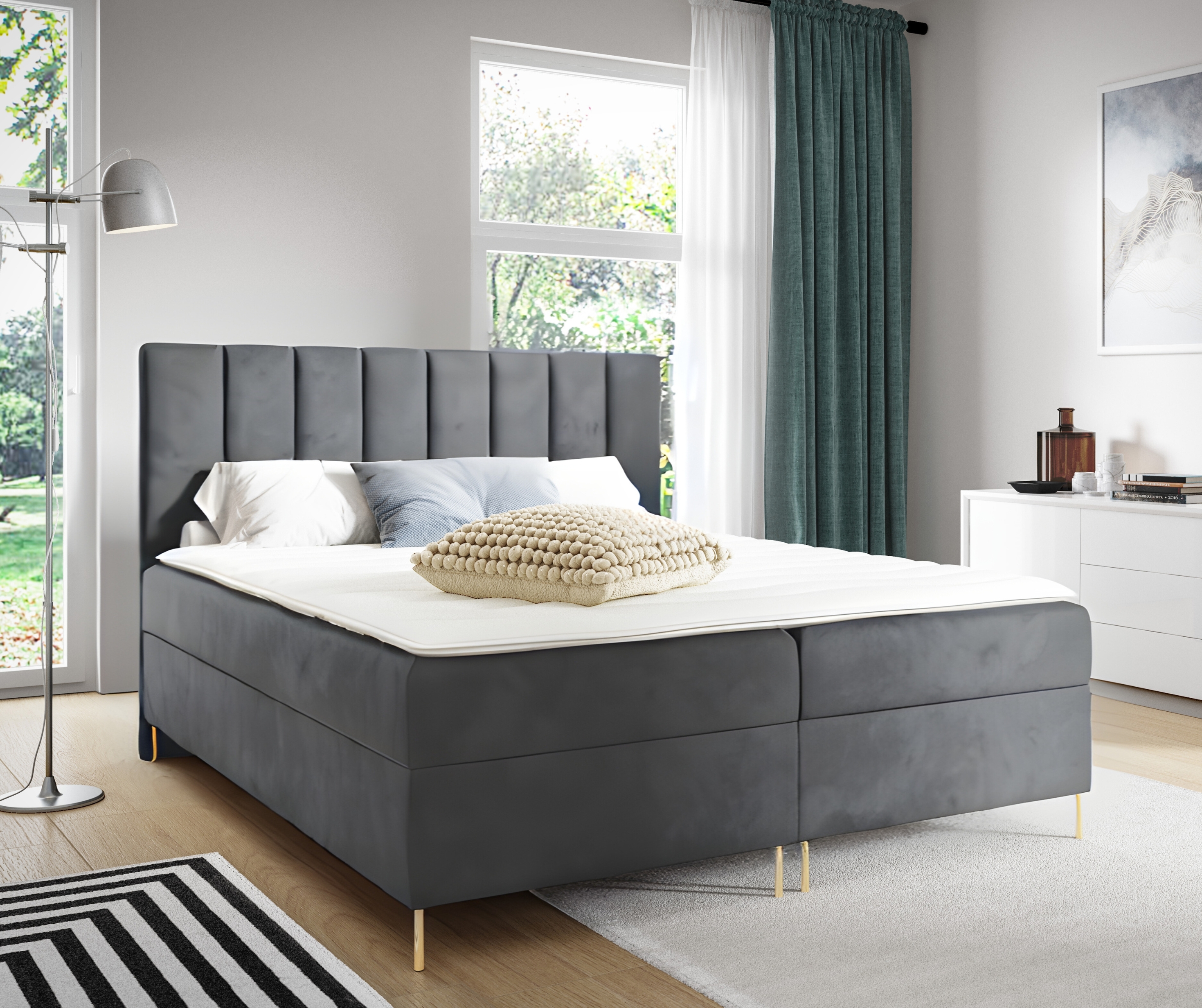 GUTTO Box Pružinová posteľ 160x200 cm Sivá Velúr Zamat Zlaté nohy Manželská posteľ Detská postieľka Zamatová čalúnená posteľ