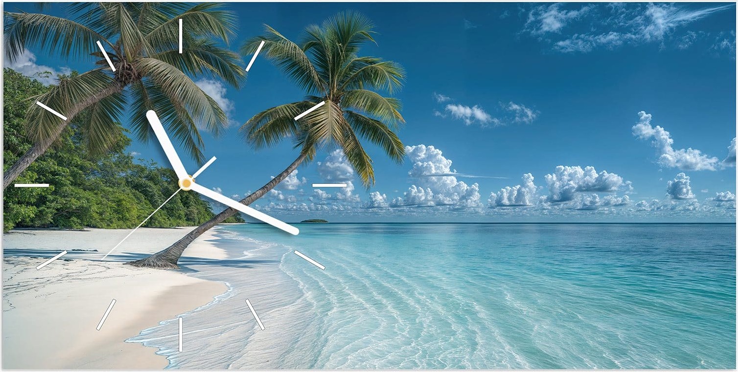 Primedeco Wanduhr aus Glas mit Motiv Strandurlaub- 60 x 30 cm - inkl. Aufhängesystem