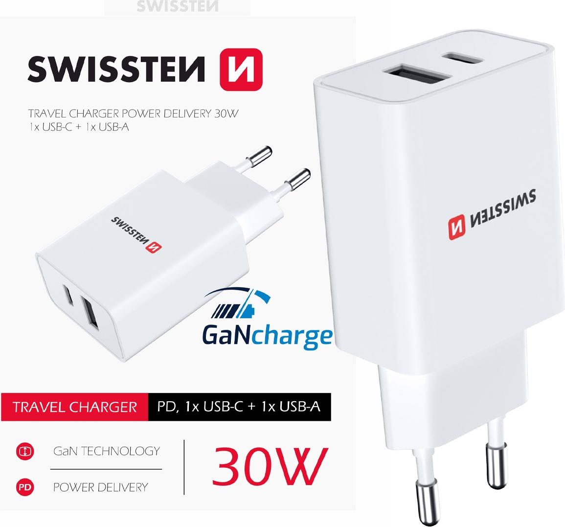 Swissten Reiseladegerät Leistungsabgabe 30w 1x usb-c + 1x usb weiß