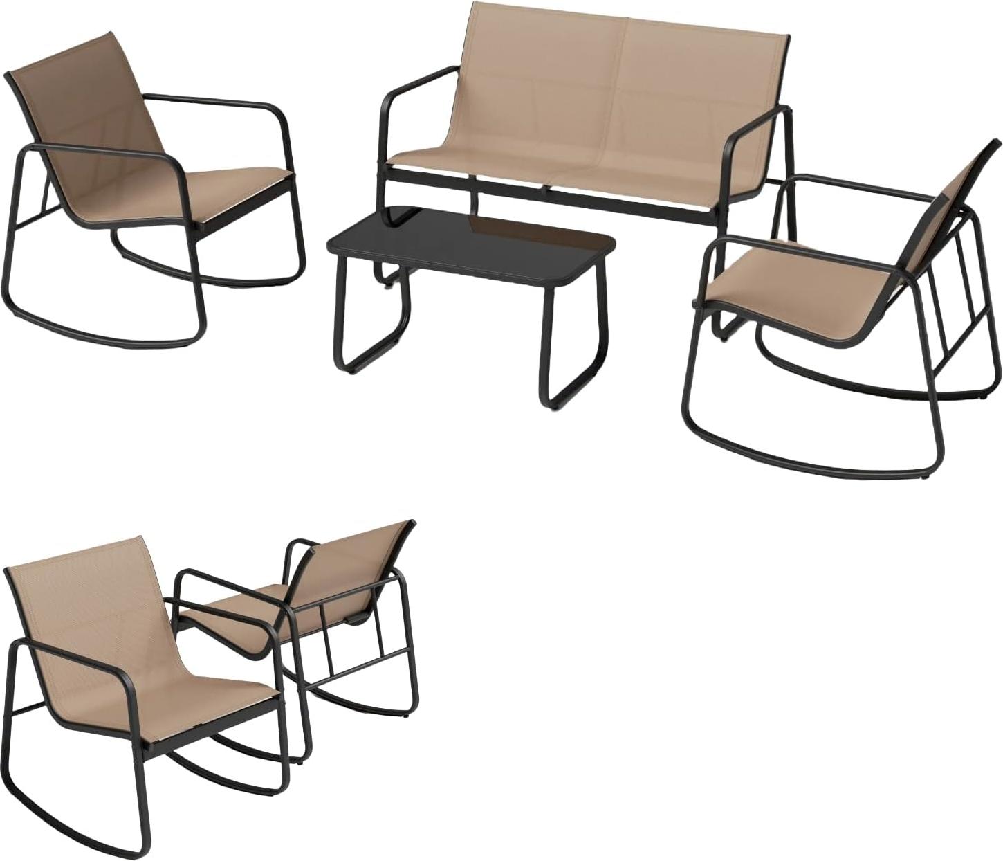 KOMFOTTEU 4 KS. Súprava záhradného nábytku, balkónová súprava s 2 hojdacími kreslami, lavicou a balkónovým stolom, záhradná sedacia súprava z textílie Textilene, záhradná súprava záhradného nábytku (hnedá)