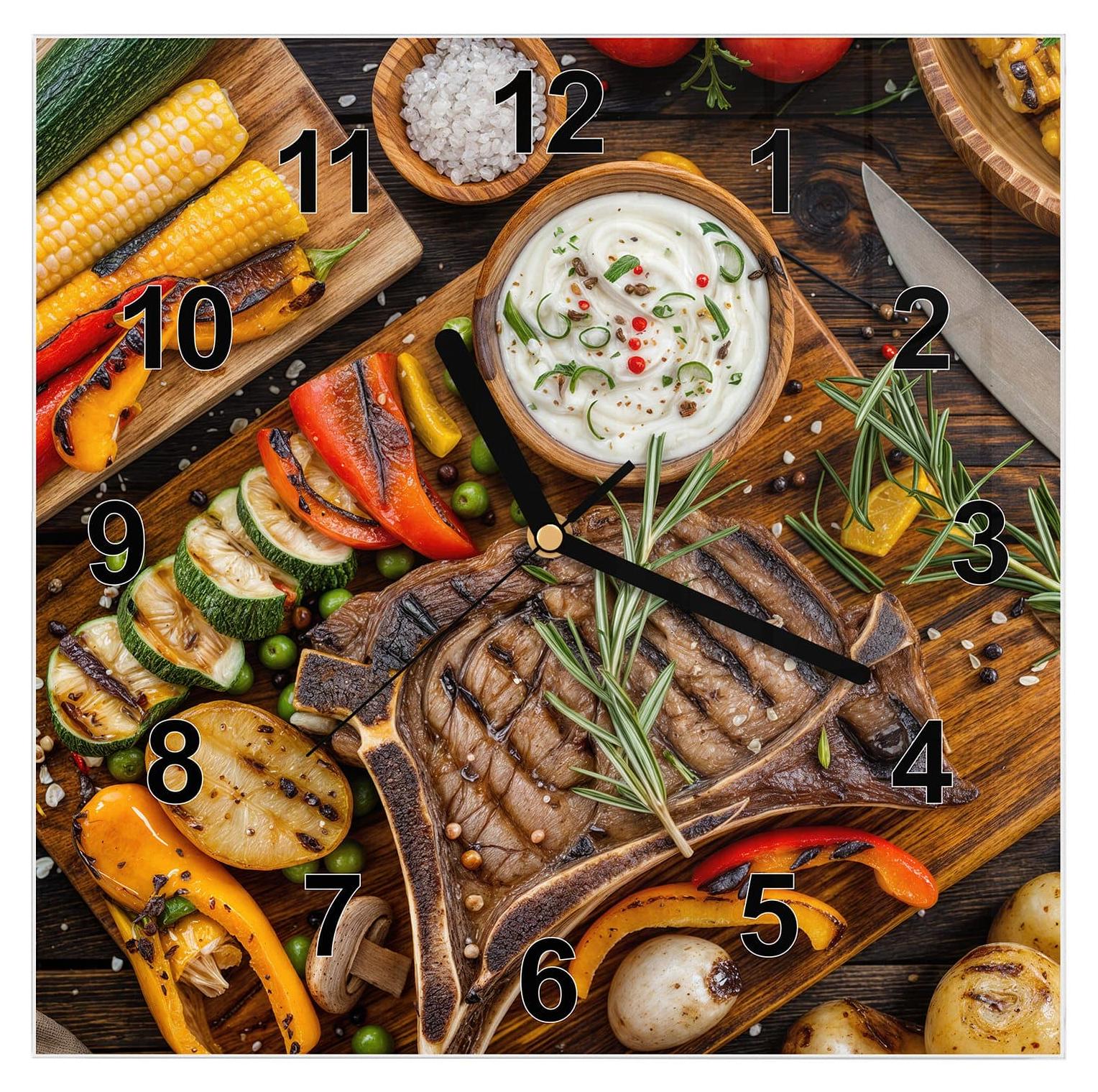 Primedeco Wanduhr aus Glas mit Motiv Grillmahlzeit- 30 x 30 cm - inkl. Aufhängesystem