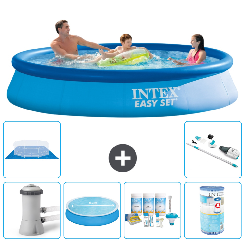 Okrúhly nafukovací bazén Intex Easy Set - 366 x 76 cm - modrý - vrátane markízy s čerpadlom - balík na údržbu - filter - podložka - vysávač