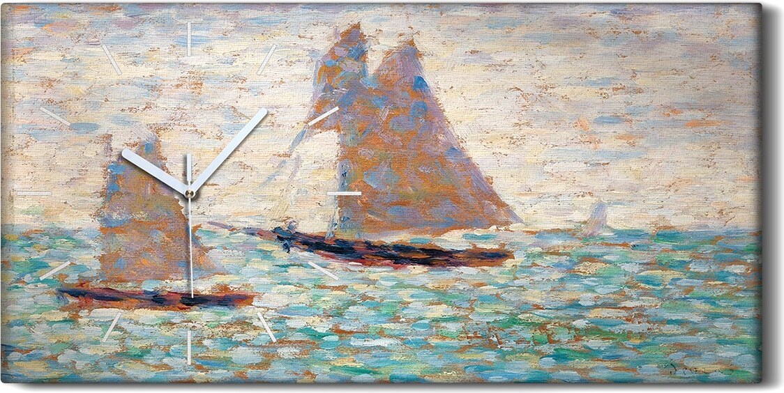 coloray Wanduhr Uhr Wandbild Leinwand Geräuschlos 60x30 Zwei Segelboote in Grandcamp - weiße Hände zch-60x30-2034797-b