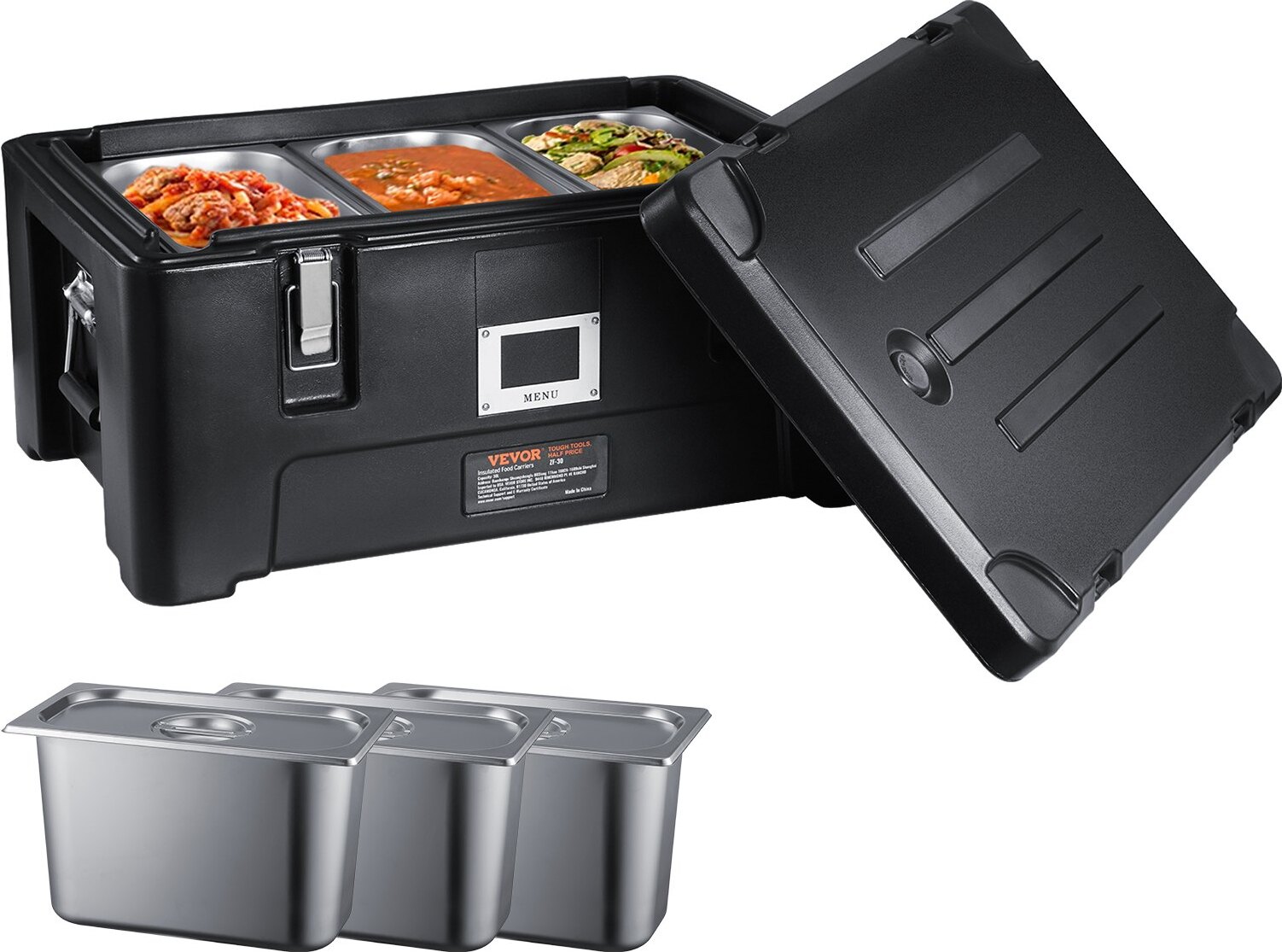 Sweiko Isolierter Lebensmittelpfannenträger, stapelbarer Toplader mit 3 Pfannen 36 Qt, Schwarz SS-SSWQEU004328