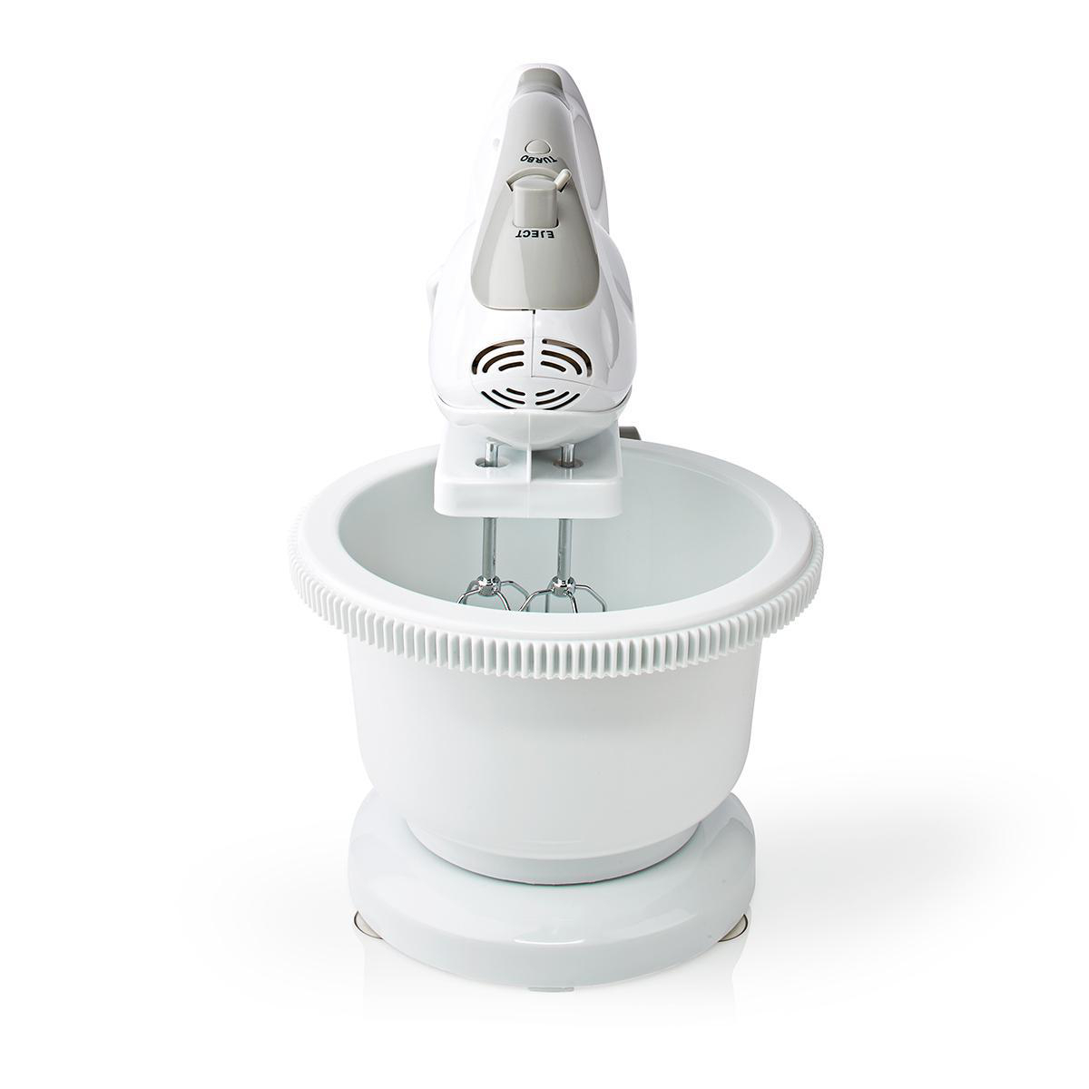 Nedis Handmixer - 200 W - 5 Geschindigkeitsstufen - Turbo Funktion - Schüssel drehen / 2 Knethaken / 2 Quirle - Grau / Weiss KAHM110CWT