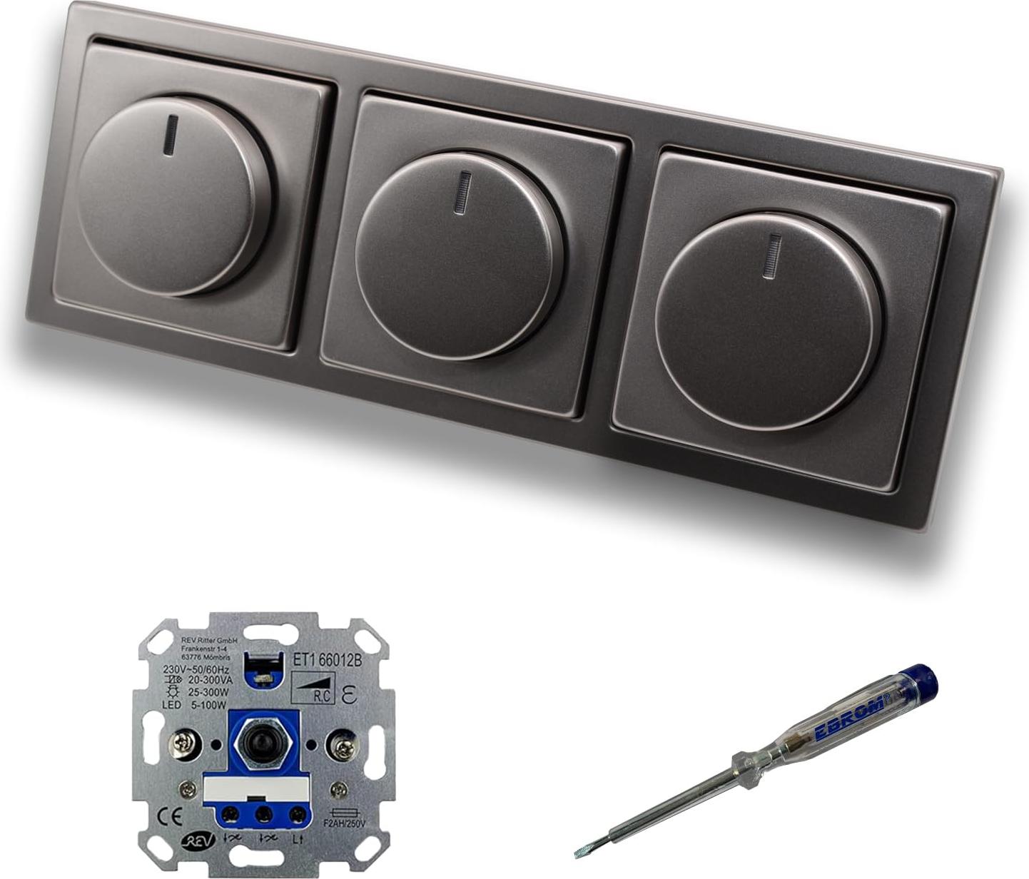 REV Ritter (3 Stück) LED Drehdimmer Dimmer + Busch Jäger Dimmerscheiben 6540-866-102 in PUR Edelstahl im 3-fach Rahmen inkl. EBROM Phasenprüfer zur Montage der Geräte ET1 66012B