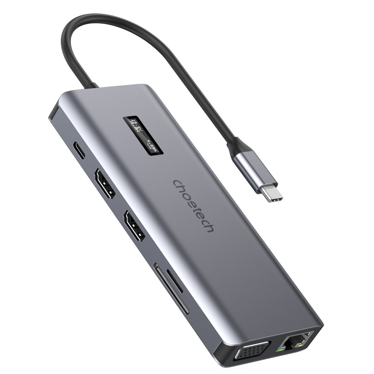 Choetech Multifunkčný HUB s displejom 12v1 USB-C na USB-C / USB-A / HDMI / VGA / AUX / SD / TF šedý (HUB-M26)