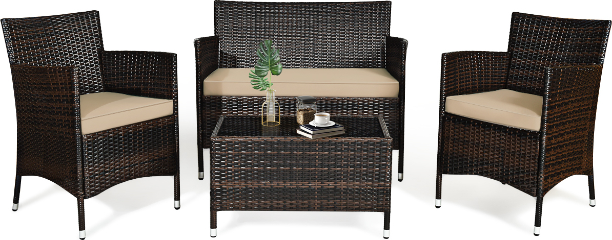 COSTWAY 4-dielna súprava záhradného nábytku s vankúšmi na sedenie, polyratanová sedacia súprava, skupina na sedenie, hnedá