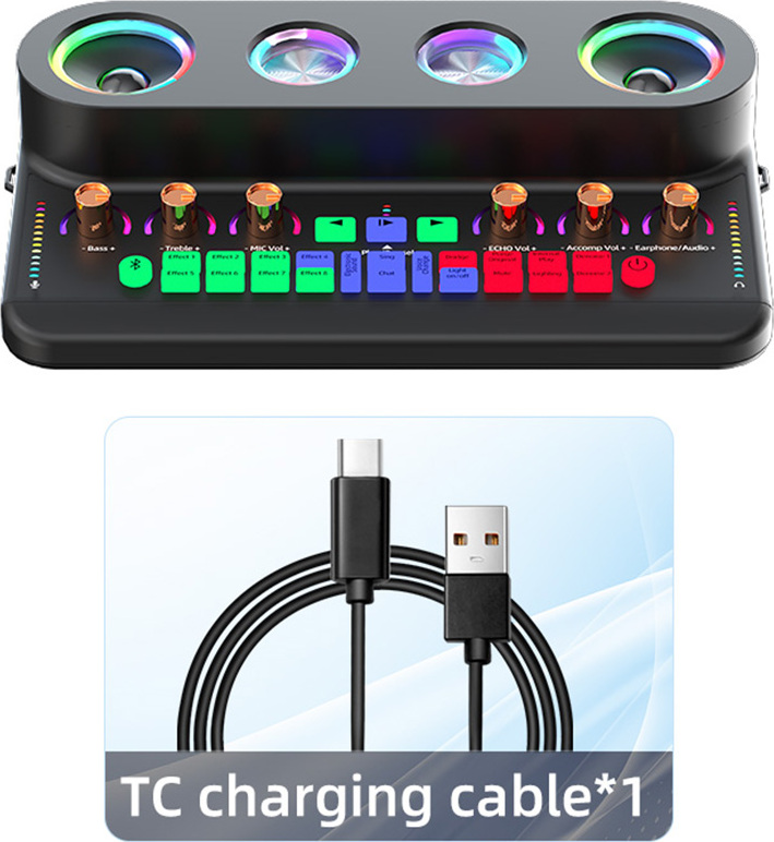 Zvuková karta a audio podcast zariadenia, prenosný karaoke stroj, BT elektro prenos, DSP redukcia šumu, farebné svetelné efekty pre streamovanie a spev