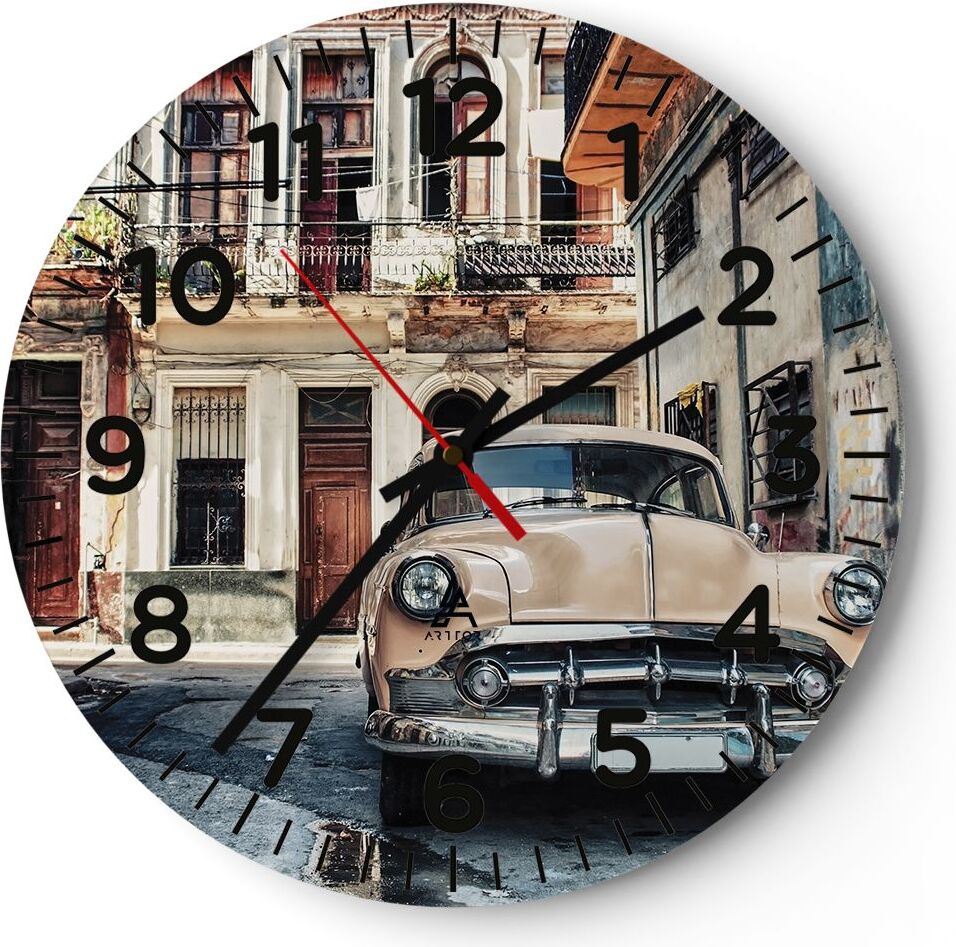 Arttor Wanduhr - Rund - Glasuhr - Kubanisch Auto Mietshäuser - 40x40cm - Schleichendes Uhrwerk - Lautlos - zum Aufhängen bereit - Dekoration Modern - Wanddekoration aus Glas - C4AR40x40-4413