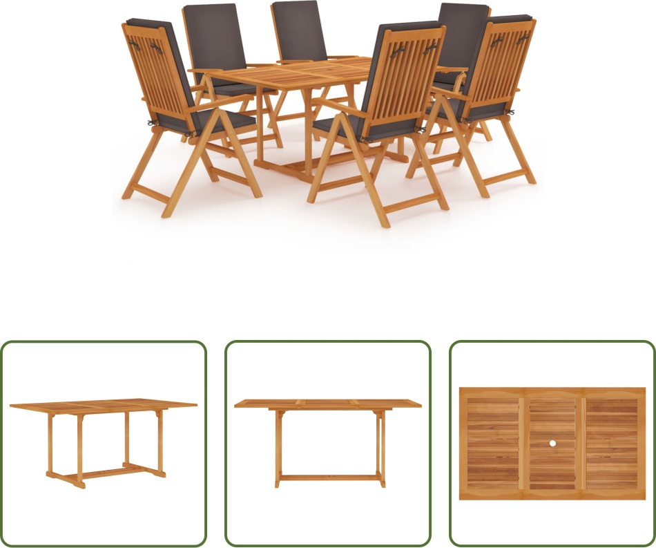 The Living Store 7-dielny záhradný jedálenský set so sivými vankúšmi z masívneho teakového dreva