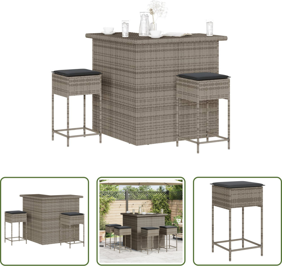 The Living Store 3-dielny záhradný barový set s vankúšmi sivý polyratan