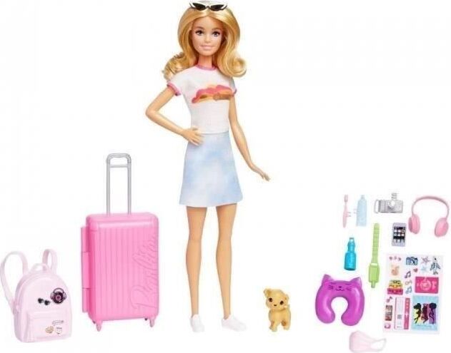 Barbie Puppe Reise-Set mit Hündchen und Zubehör, 14 Reiseaccessoires MATHJY18