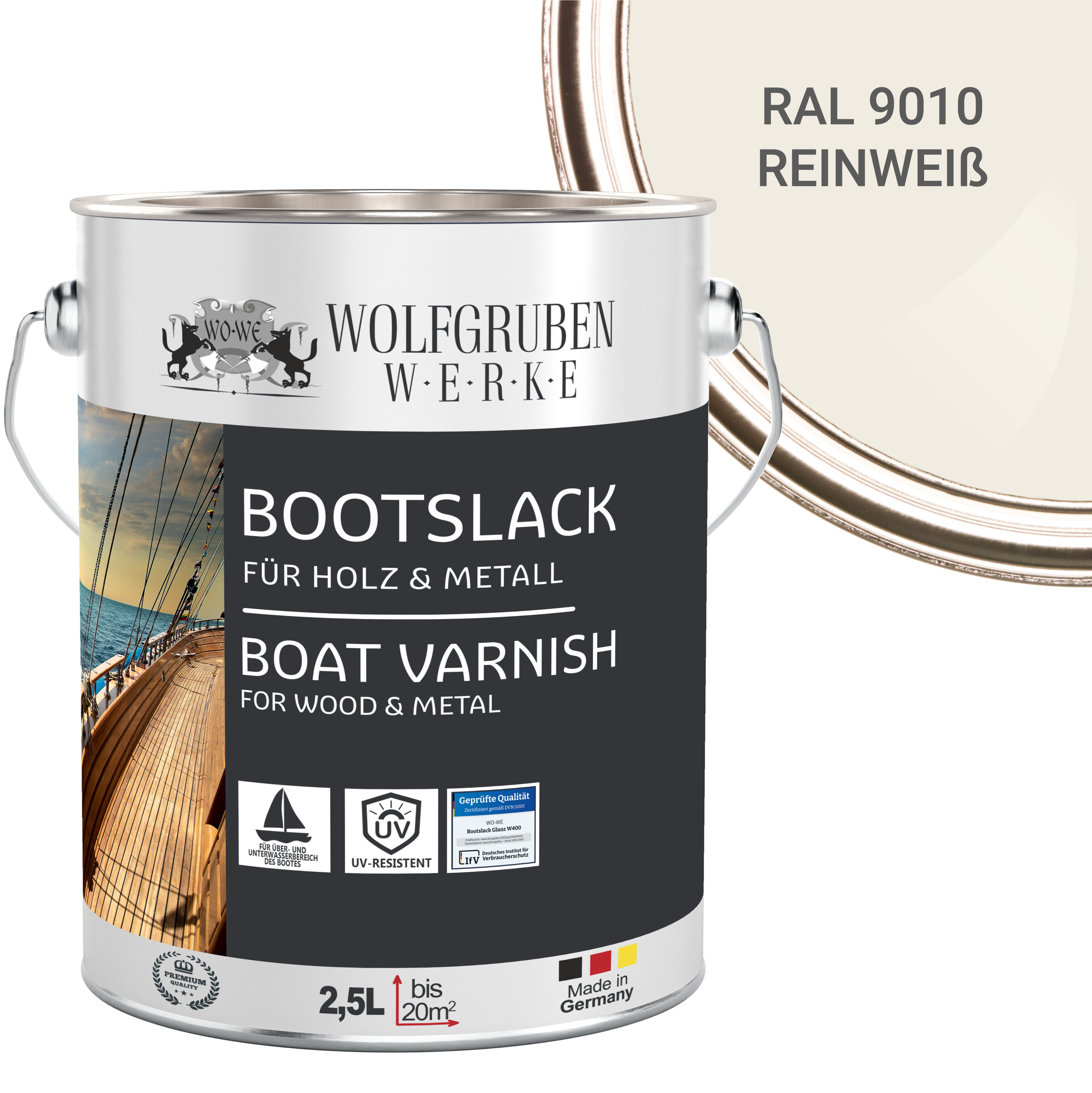 WO-WE Bootslack Parkettlack Schiffslack Holzlack Seidenglänzend für Holz Boot Schiff W400 Weiss - 2,5L W400 Glänzend