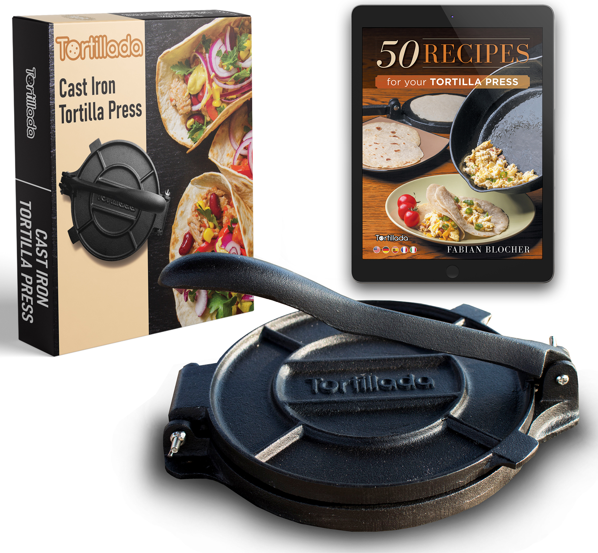 Tortillada MIAMIO - Tortilla Presse, Tortillapresse 30 cm für Tortillas aus Gusseisen