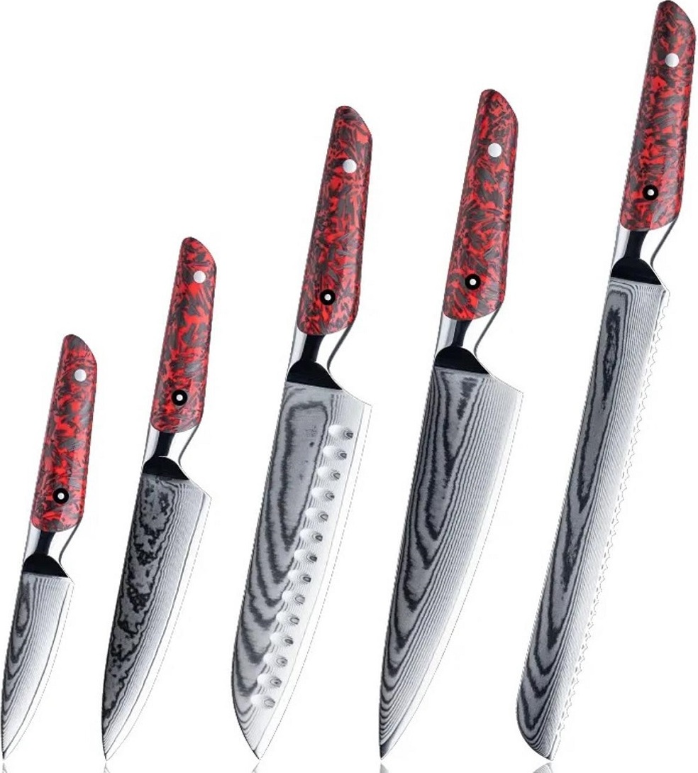 HARAHU Set Damast Küchenmesser MA-35085 - 5 Stück Rot KP35085