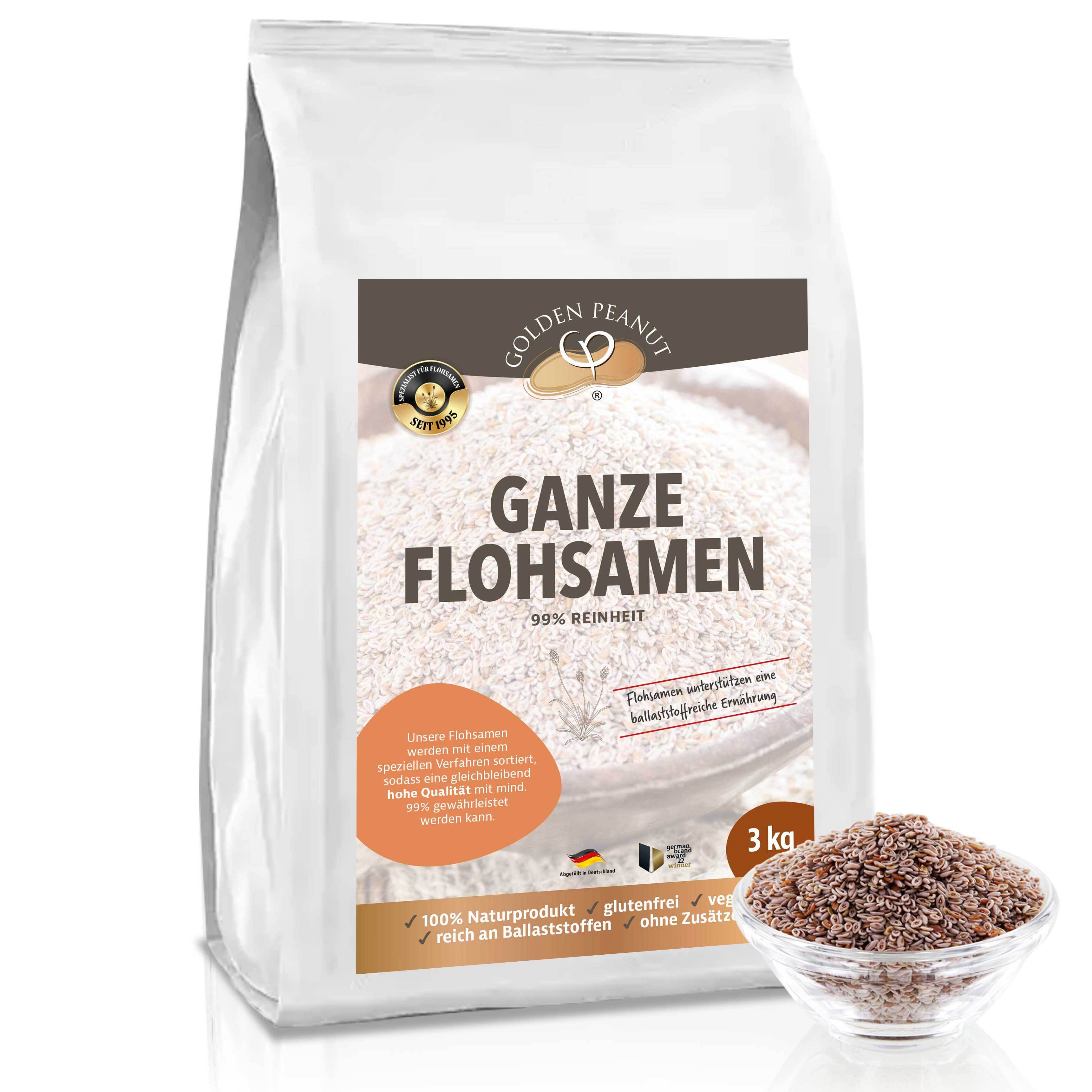 GOLDEN PEANUT Flohsamen ganz 3 kg - 99 % Reinheit, ballaststoffreich, ohne Zusätze, aus Indien, vegane und glutenfreie Backzutat 11007-02