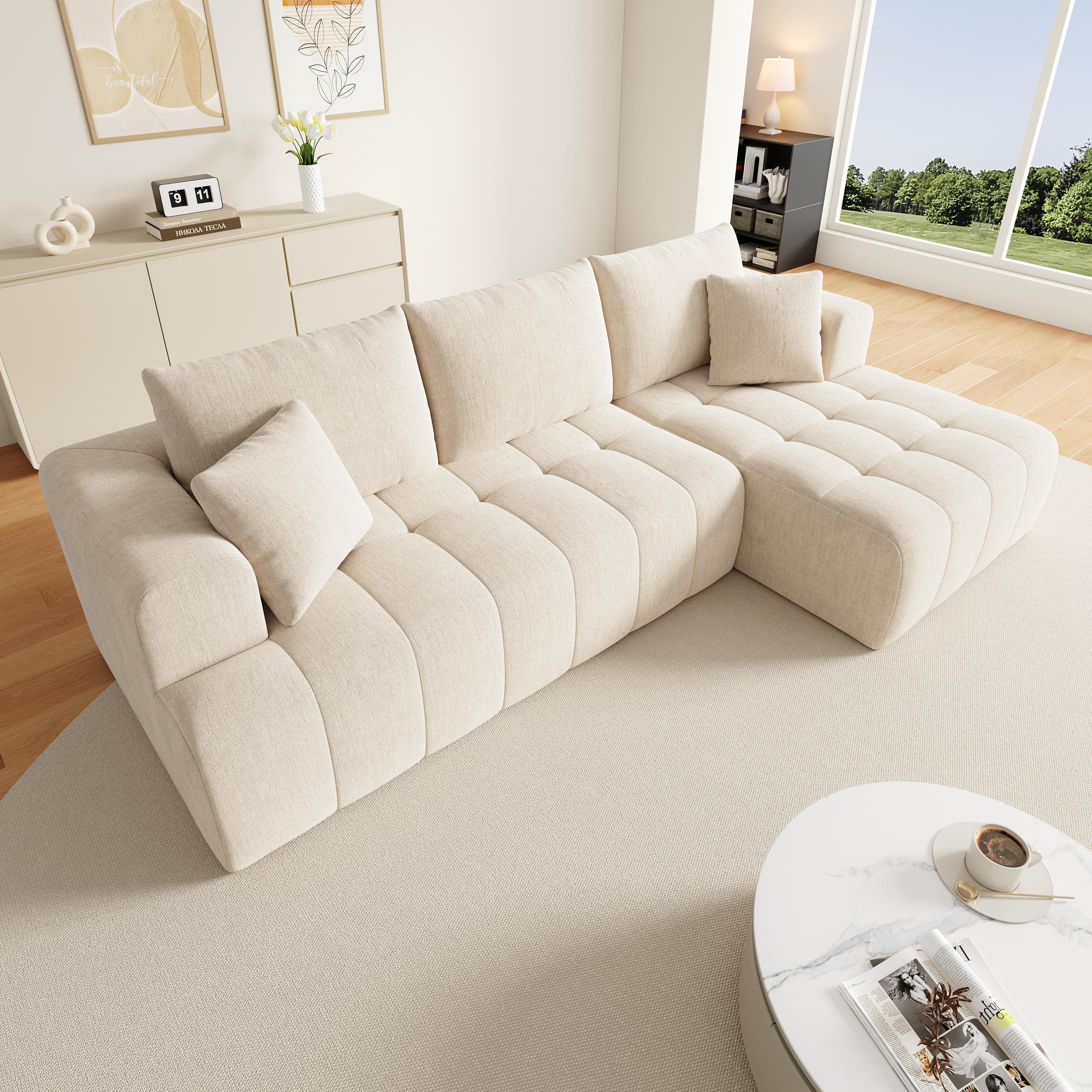 MODFU Ecksofa Modulsofa 3 Bis 4 Sitzer Bodennahes Design Ohne Rahmen Chenille Bezug Flexibel Kombinierbar Beige