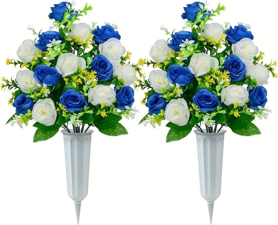 Einemgeld 2 Sets künstliche Friedhofsblumen, Rosen zur Grabdekoration im Freien, wunderschöne Blumenarrangements mit Friedhofsvase, langlebige Farben K-PCXJ-20251113-82