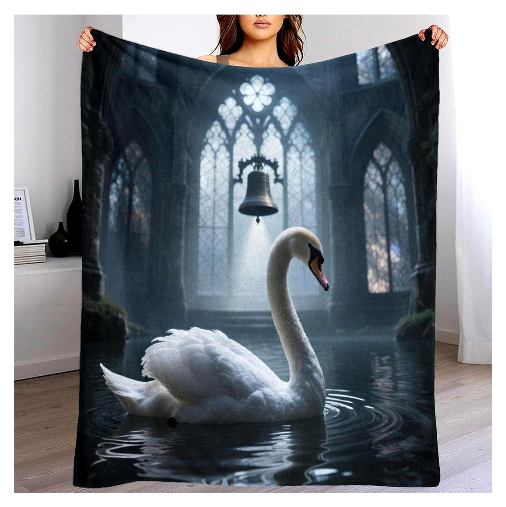 Markenlos Flanell-Fleece-Überwurf mit Schwänen und Kirchenglocken, 3D-Druck, weich, warm, bequem, 150 x 200