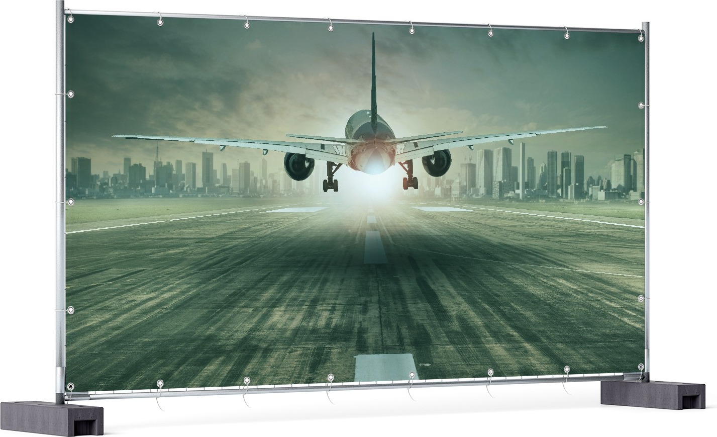 Wallario XXL Outdoor-Poster für Garten oder Balkon, Motiv Startendes Flugzeug - Landebahn, in ca. 340 x 173 cm goban5300-340173