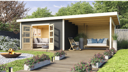 Gartenhaus Karibu Speyer 4 inkl. Anbaudach 3,3 m und Rückwand 724 x 331,5 cm terragrau 304079