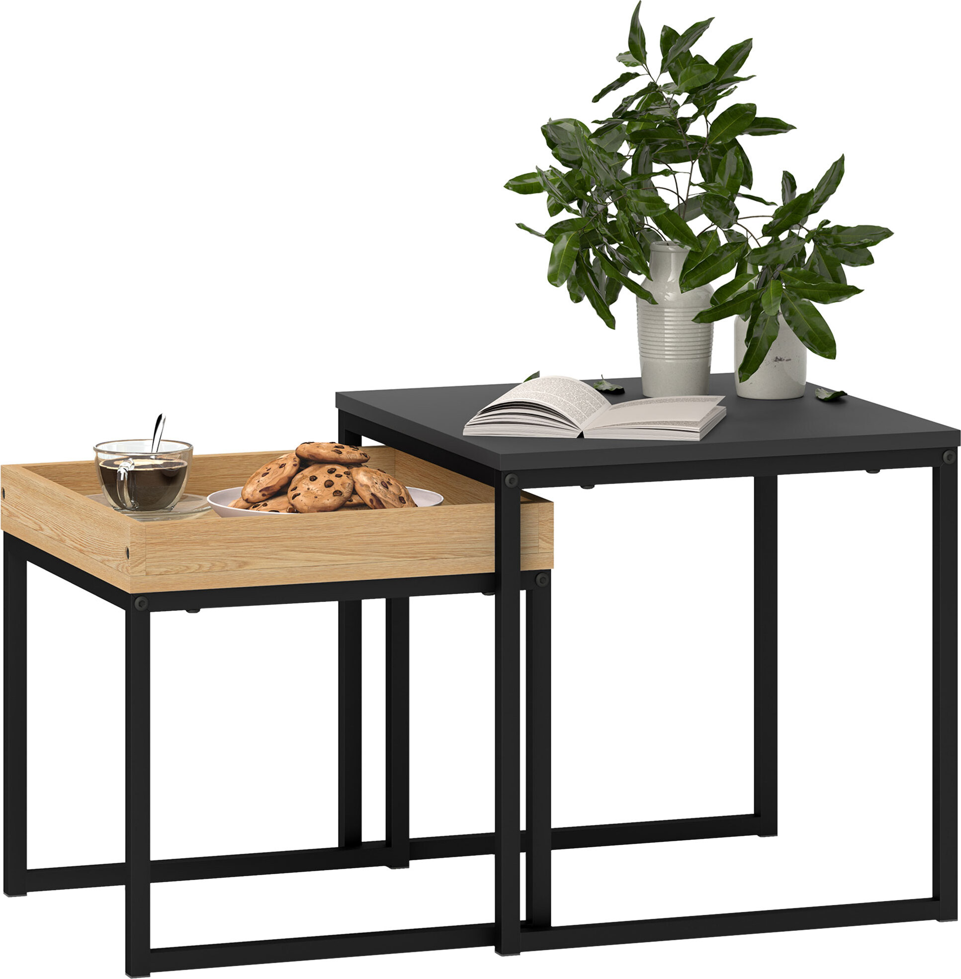 HOMCOM 2er-Set Couchtisch, Eckiger Beistelltisch, Kaffeetisch mit Stahlgestell, Sofatisch im modern Design, für Wohnzimmer, bis 30 kg Belastbar, Schwarz+Eiche 83B-121V00BK