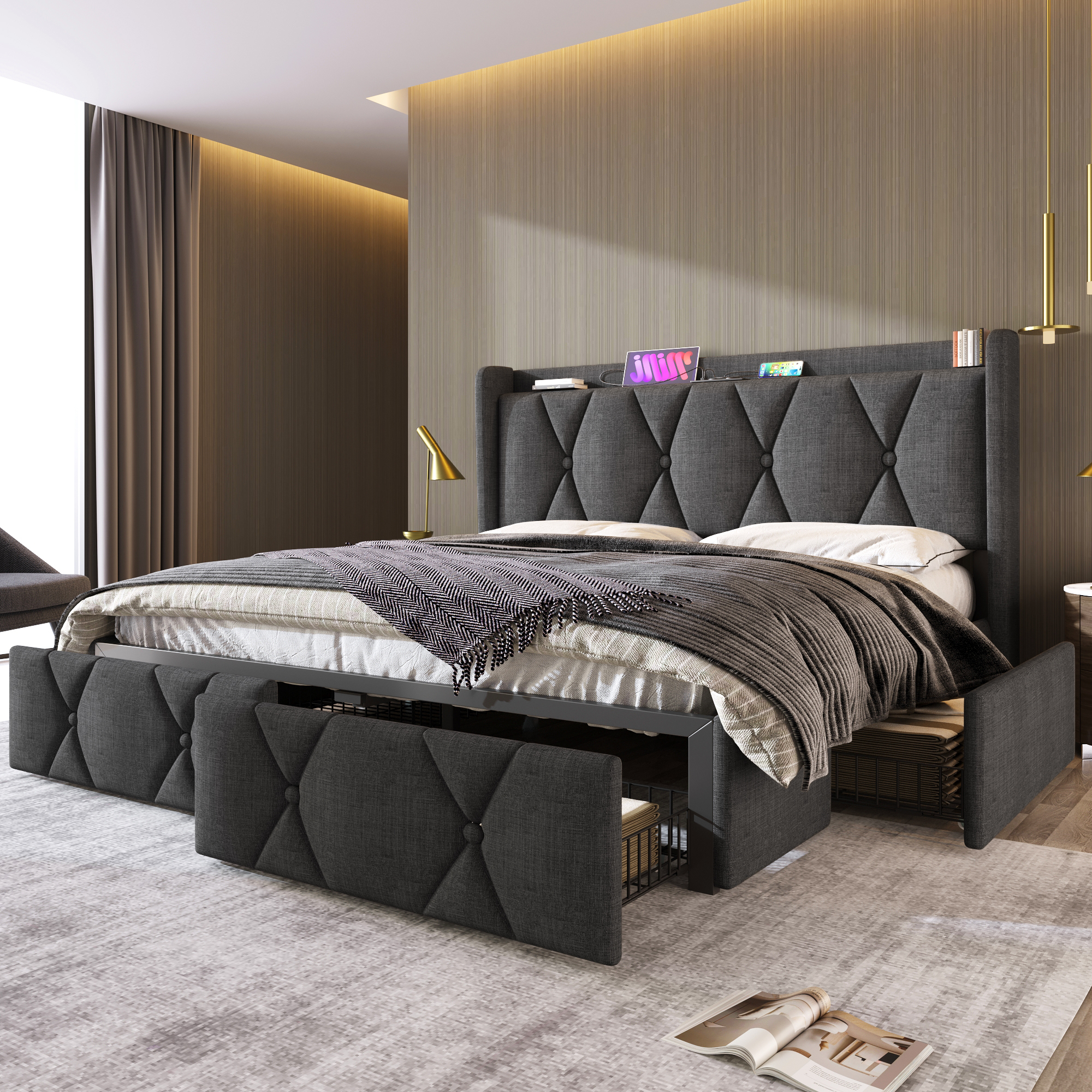 Letto imbottito Flieks 140x200 con USB e prese, letto