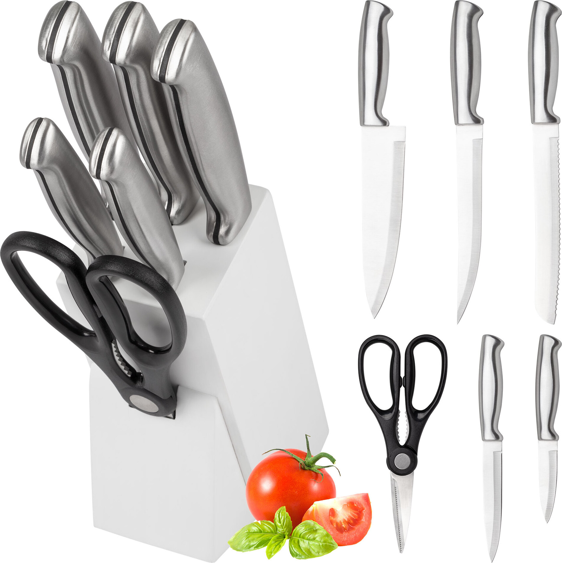 classbach® Messerblock mit Messer - 7 tlg. Messer Set inkl. Küchenschere, Küchenmesser Set mit Klingen aus rostfreiem Stahl, Set aus 5x scharfe Messer + Schere für Küche, C-MBS 4018, weiß 414018