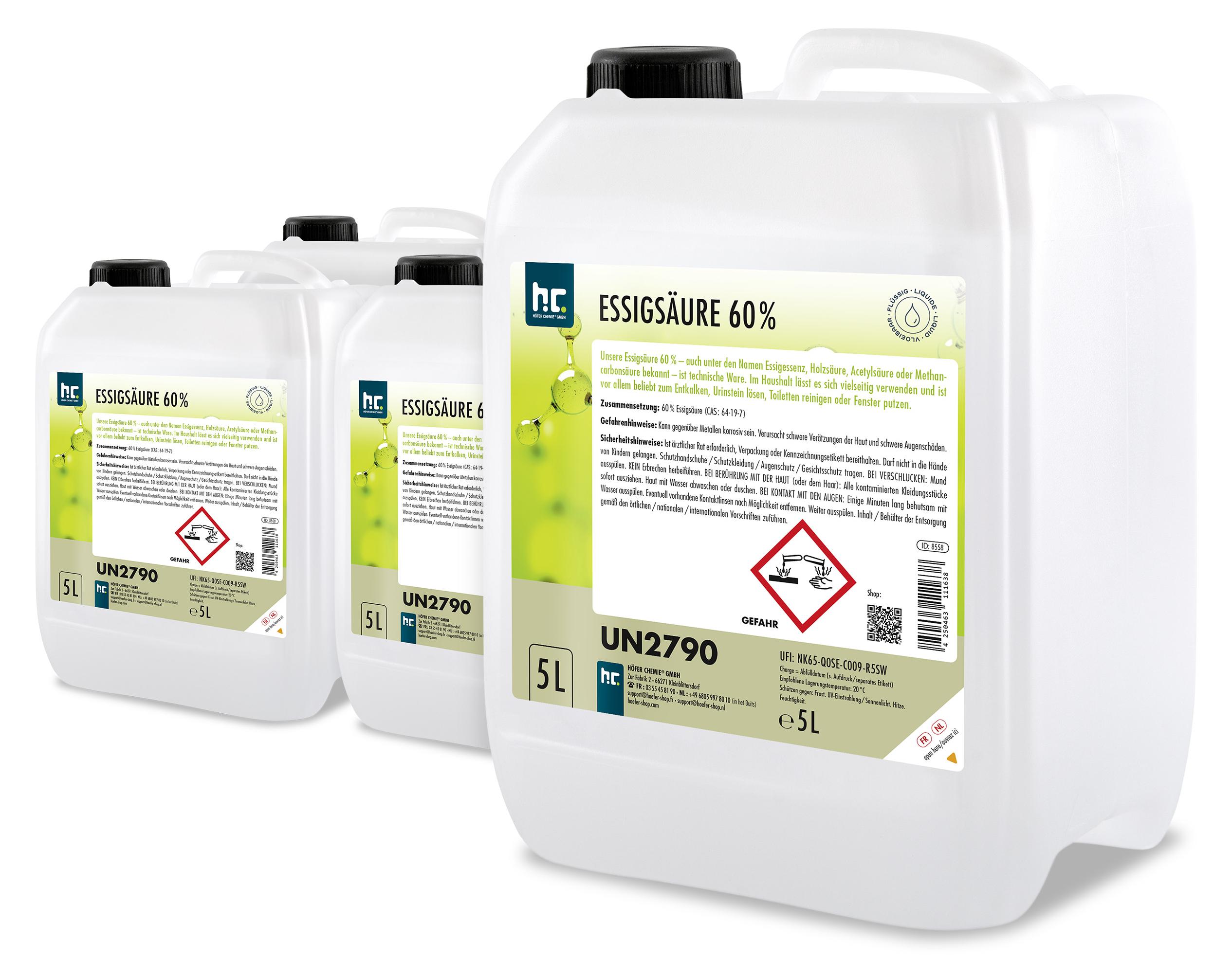 4x5 L Höfer Chemie® hochprozentige Essigsäure 60% zur Entkalkung und Reinigung von Haushaltswaren, in Kanistern