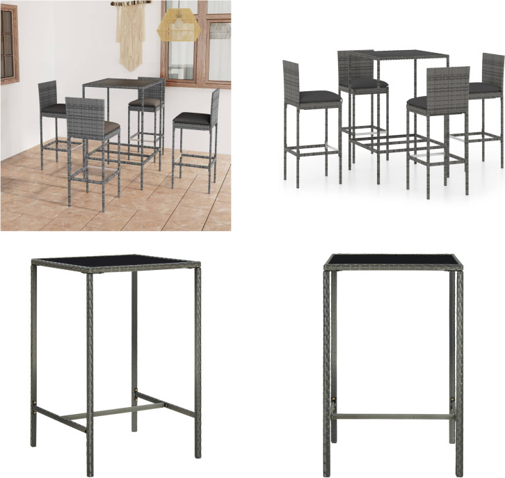 vidaXL 5-dielny záhradný barový set s vankúšmi polyratan sivý - Barový set - Barové sety - Barový stôl a barové stoličky - Barový stôl