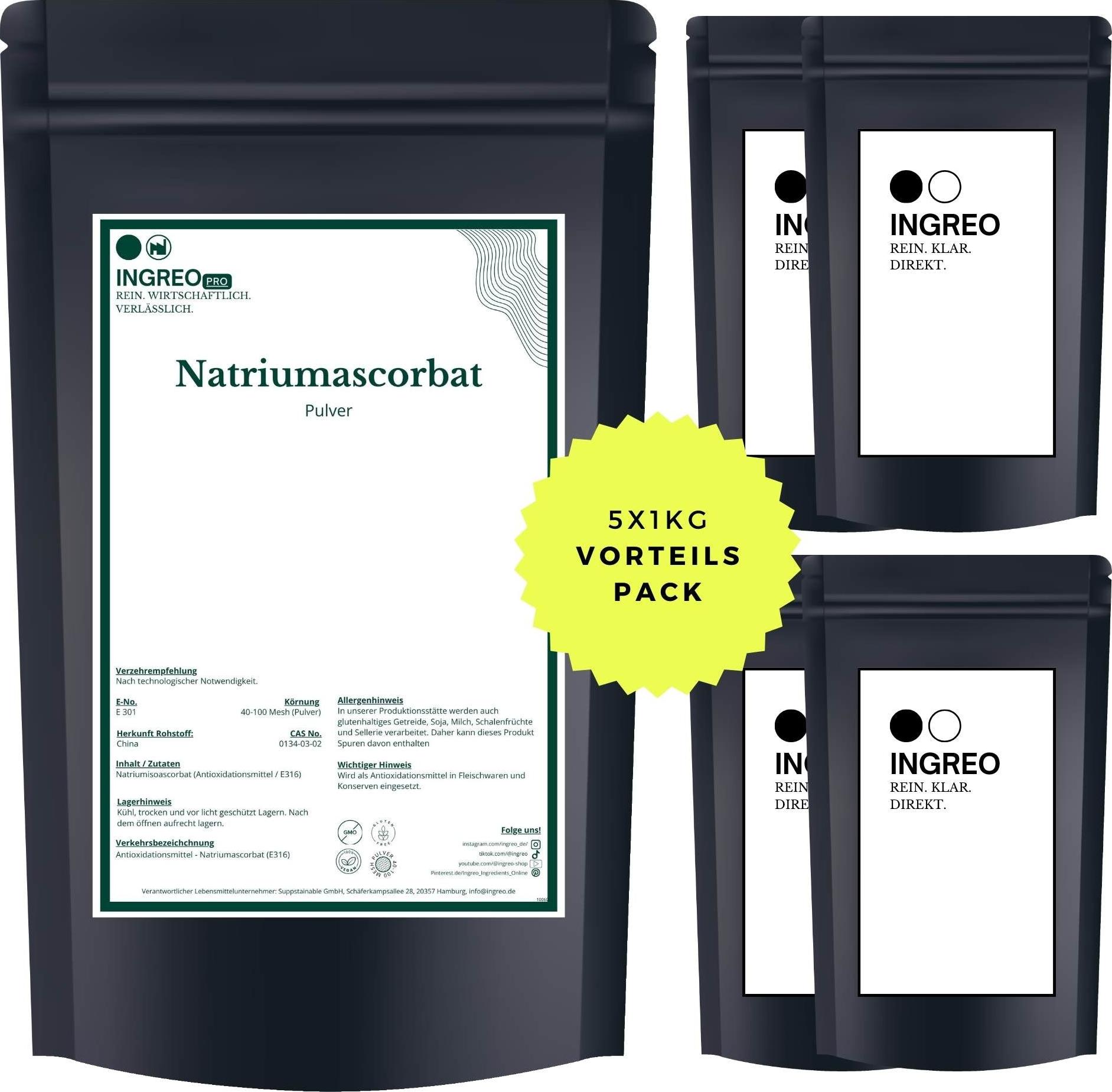 INGREO Essential Natriumascorbat Pulver (40-100 Mesh) – 5kg (5X1kg)