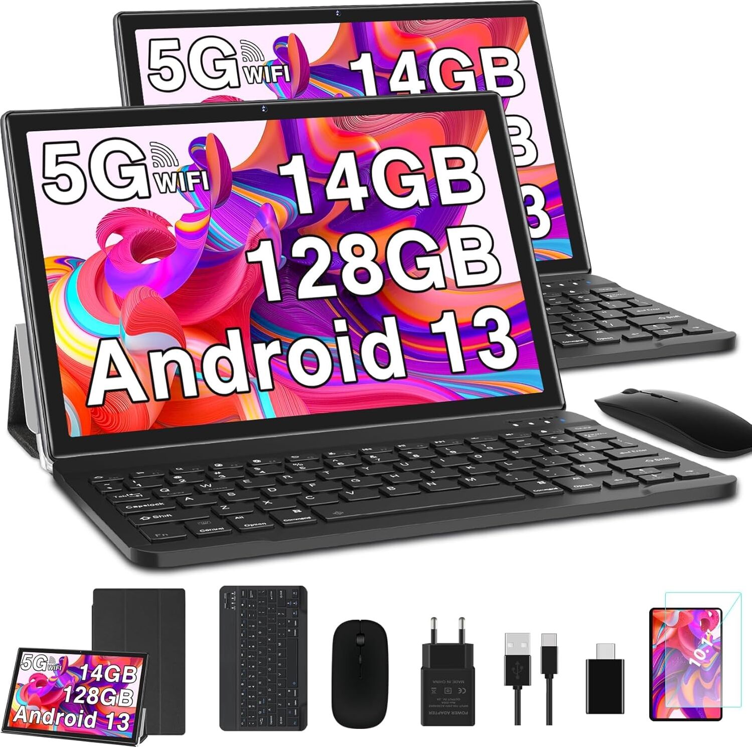 2024 Tablet 10 palcov 14GB RAM + 128GB ROM, Android 13 5G 2.4G WiFi, 2.0 GHz Core, 1280 x 800, GPS, 8MP 5MP, Type C, OTG, Cast, Bluetooth 5.0,