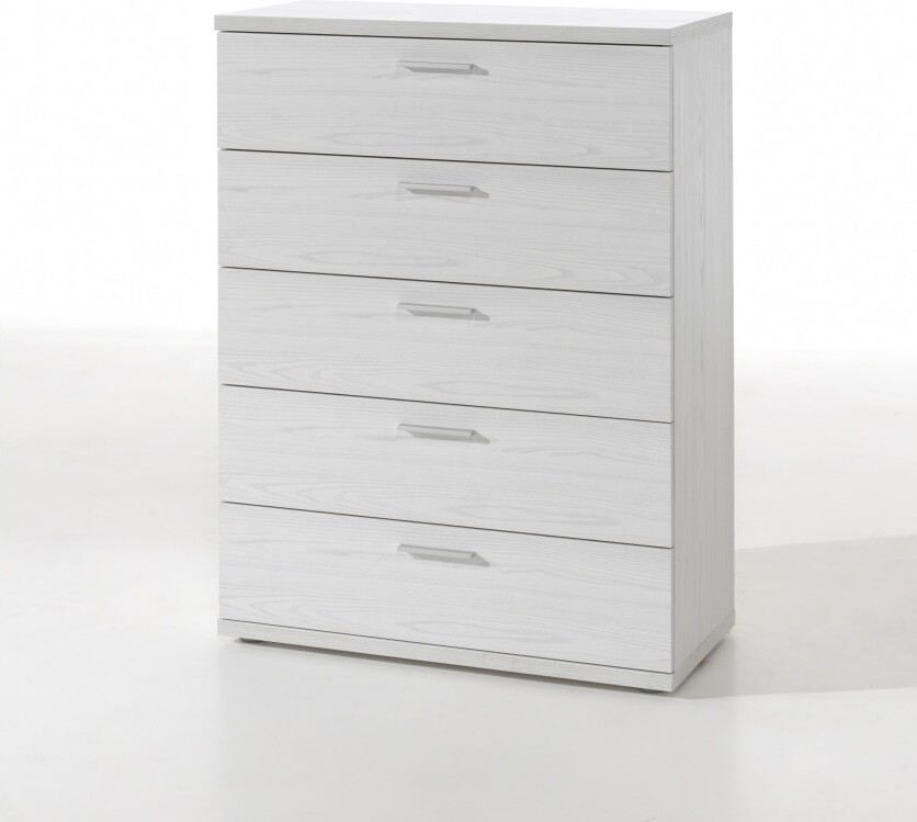 Meublorama Hohe, robuste Kommode mit 5 Schubladen in Weiß mit Holzeffekt, Kollektion OLGA
