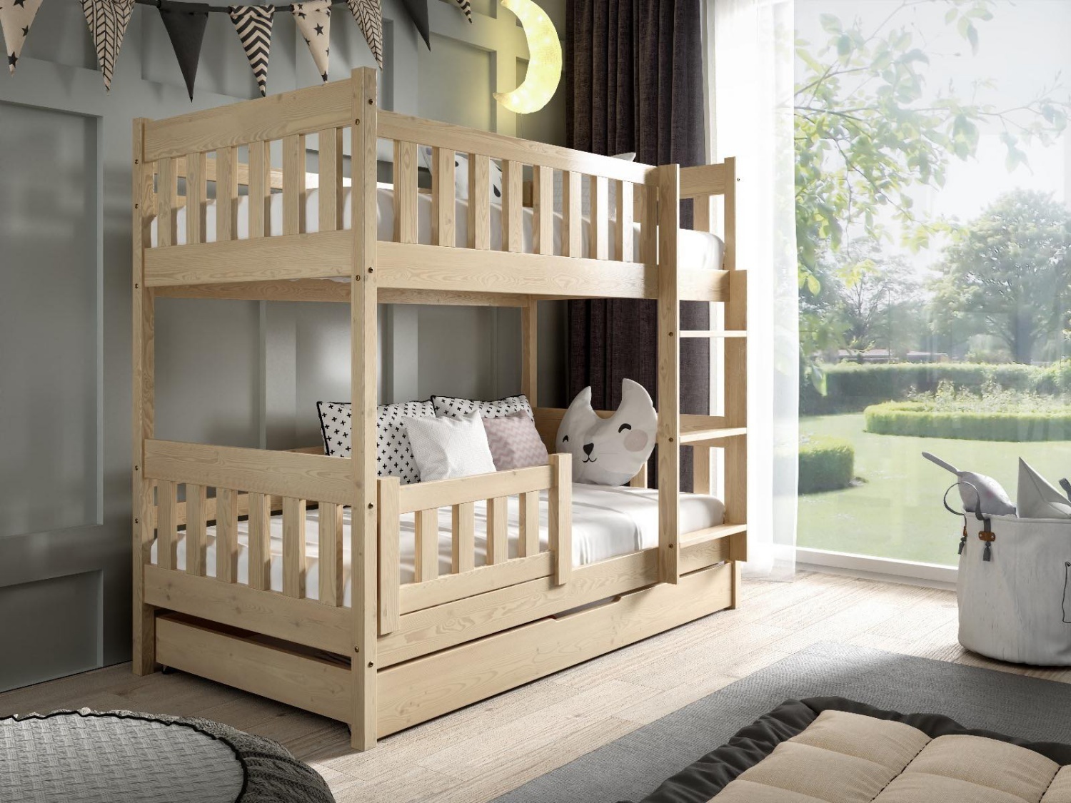 MTJMöbel Etagenbett LILA 190x80cm mit Matratze, Kinderbett mit Schubladen, Massivholzbett, Stockbett, Kiefernholz LILA190Kiefer