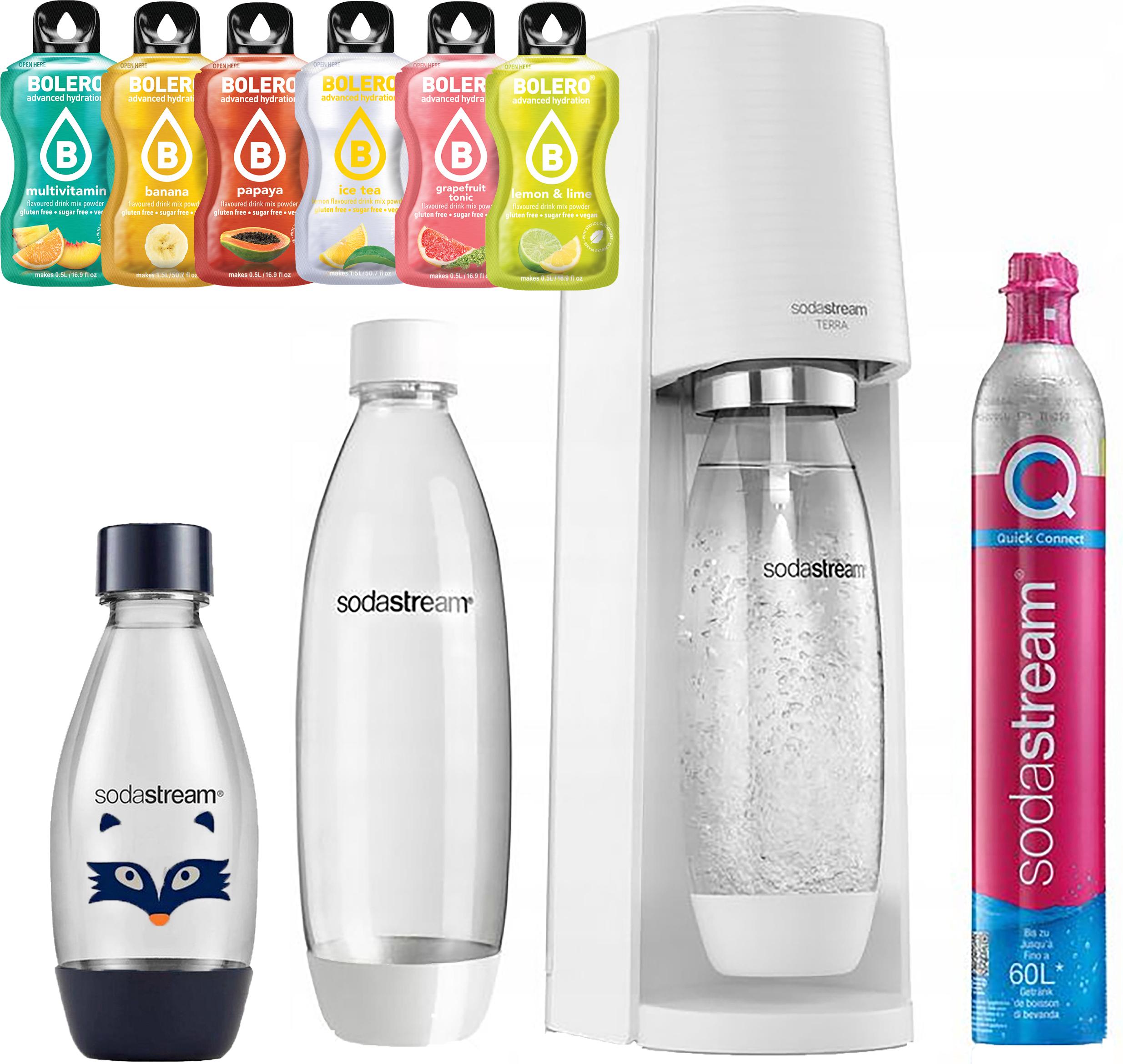 SODASTREAM TERRA saturator WHITE + 1-litrová fľaša s poistkou + 0,5-litrová fľaša + 6x Bolera