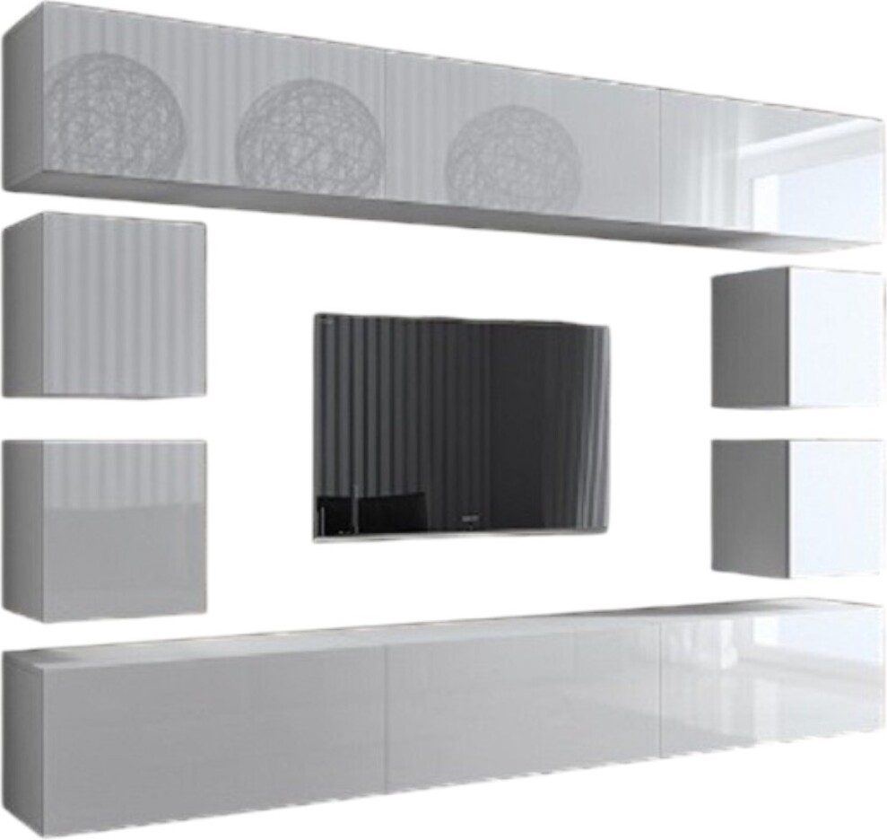 Meublorama Weiße hängende Wohnzimmermöbelset CEPTO XVII 249cm, 10 Möbelstücke, LED, modulierbar.