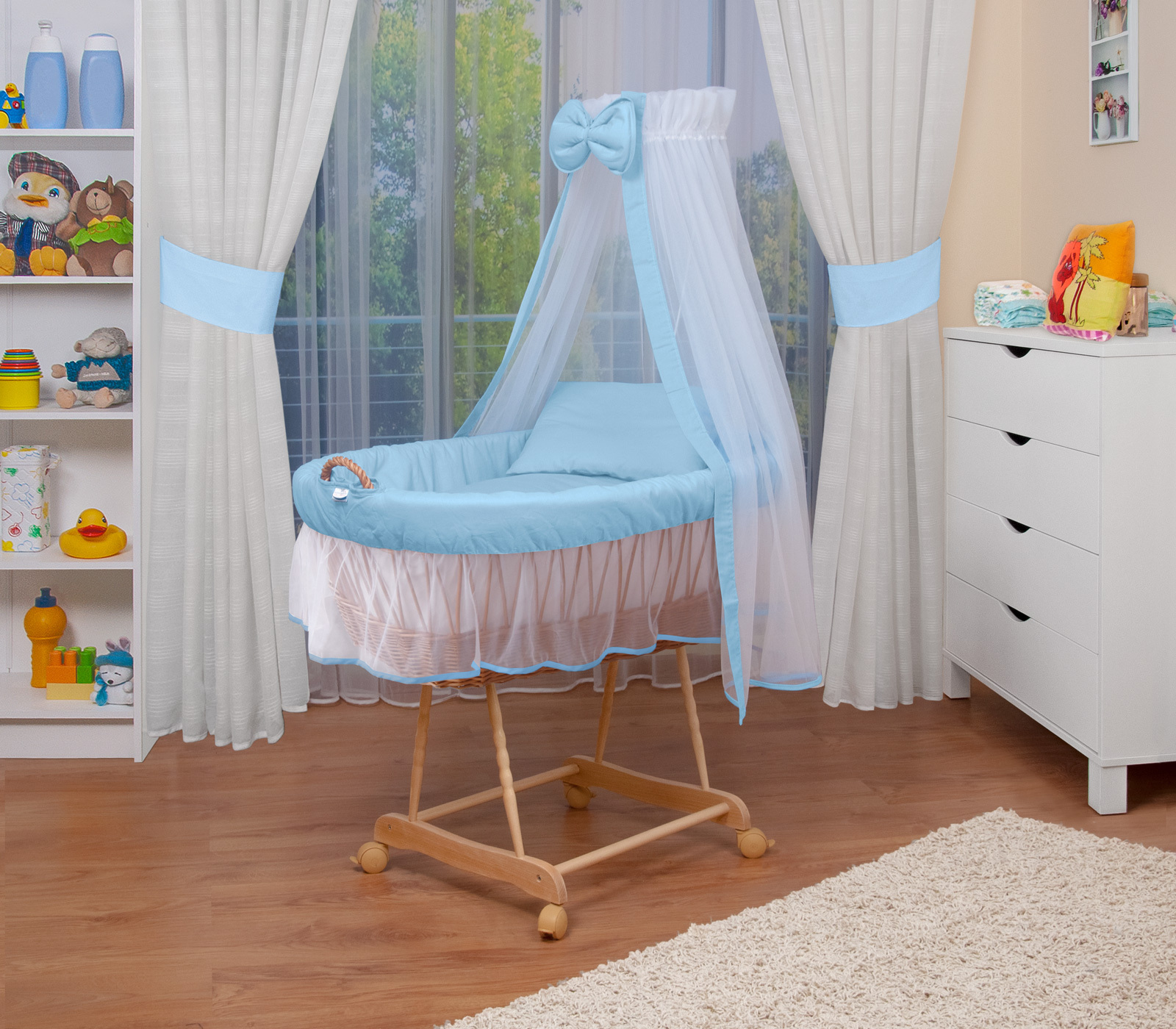 Waldin Baby Stubenwagen-Set mit Ausstattung,XXL,Gestell natur,blau/weiss 1203-38