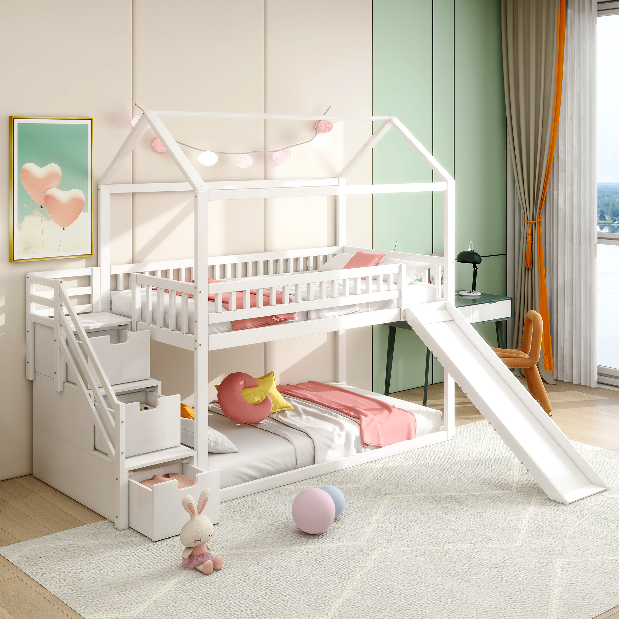 Merax Etagenbett 90x200cm, Kinderbett mit Rutsche, Hochbett mit Treppe, Jugendbett Massivholzbett Stockbett mit Lattenrost und Rausfallschutz, Weiß Image