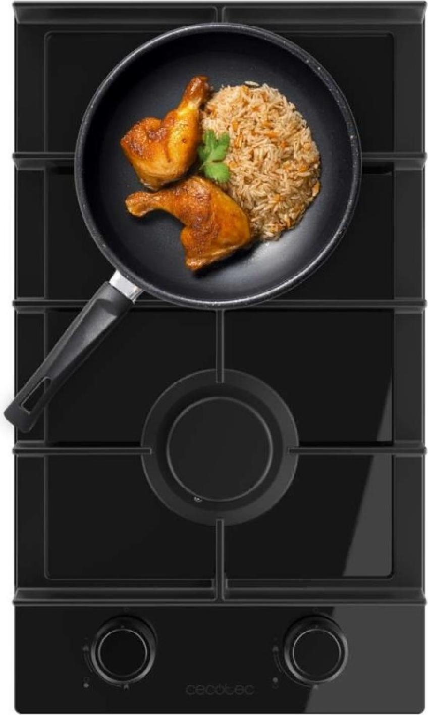 Cecotec Plynová 2-krúžková varná doska Bolero Squad G 2400F Glass Black, 5,2 kW, čierne sklo, liatinové rošty, trojitý horák WOK, elektronické zapaľovanie, bezpečnostné ventily, príslušenstvo na prestavbu